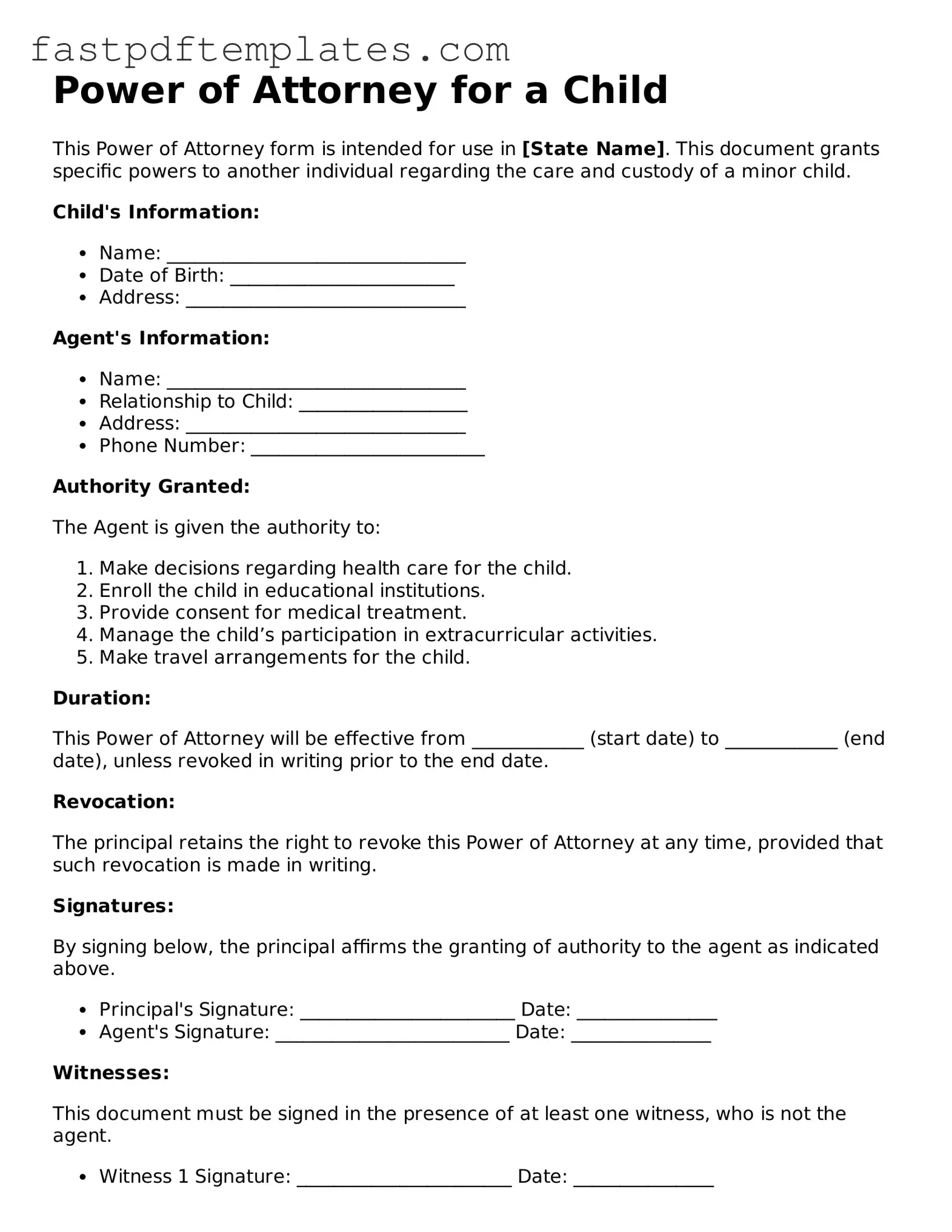 Fillable Power of Attorney for a Child Document