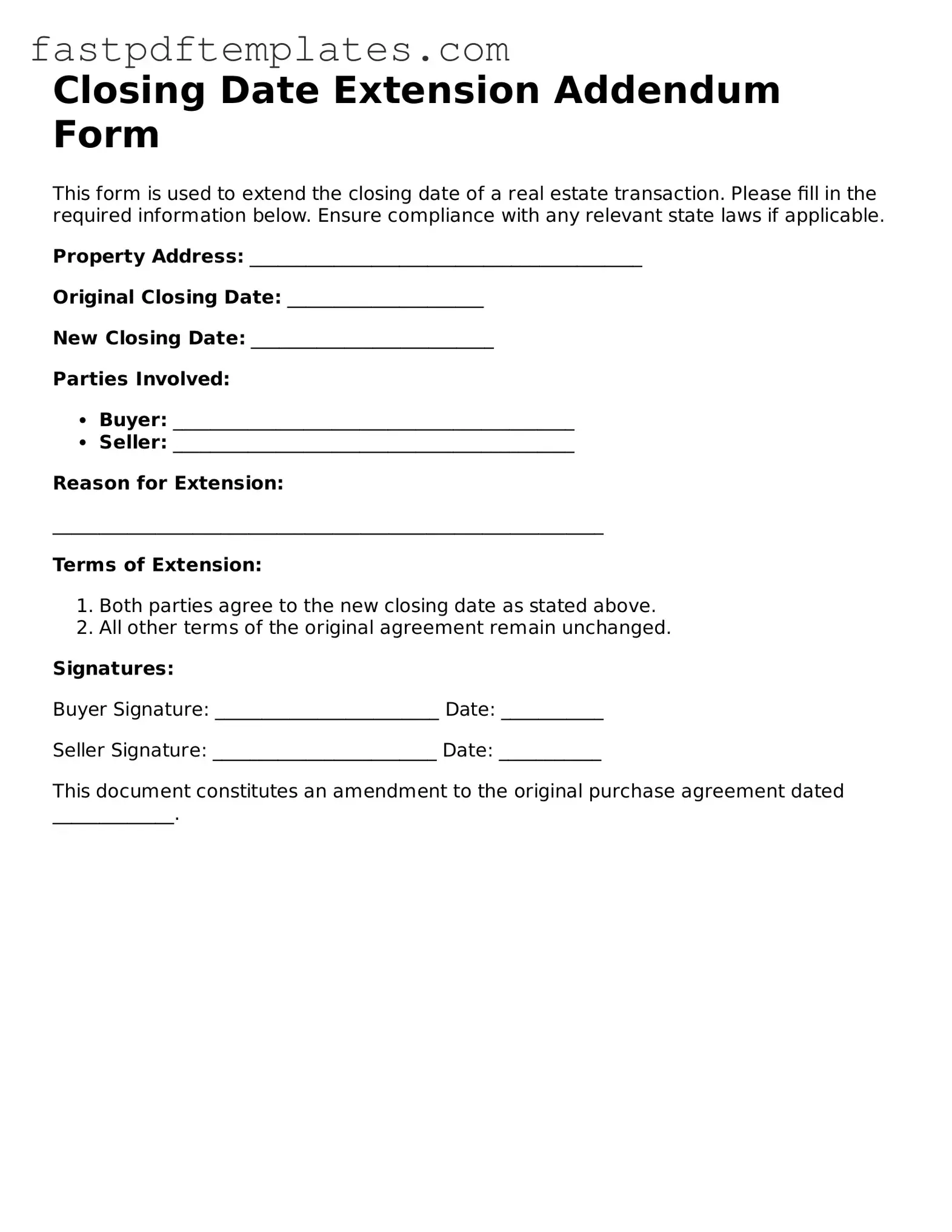 Fillable Closing Date Extension Addendum Form Document