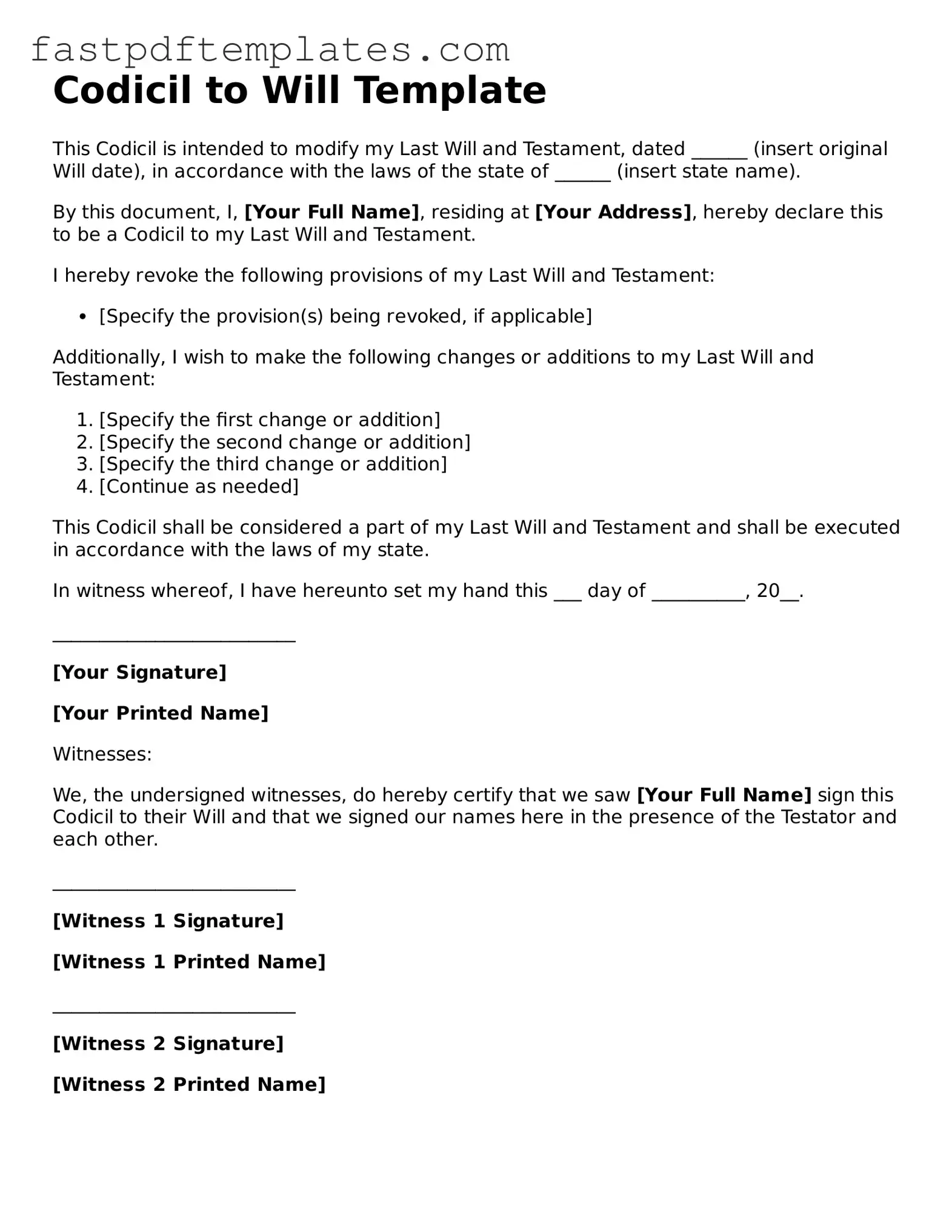 Fillable Codicil to Will Document