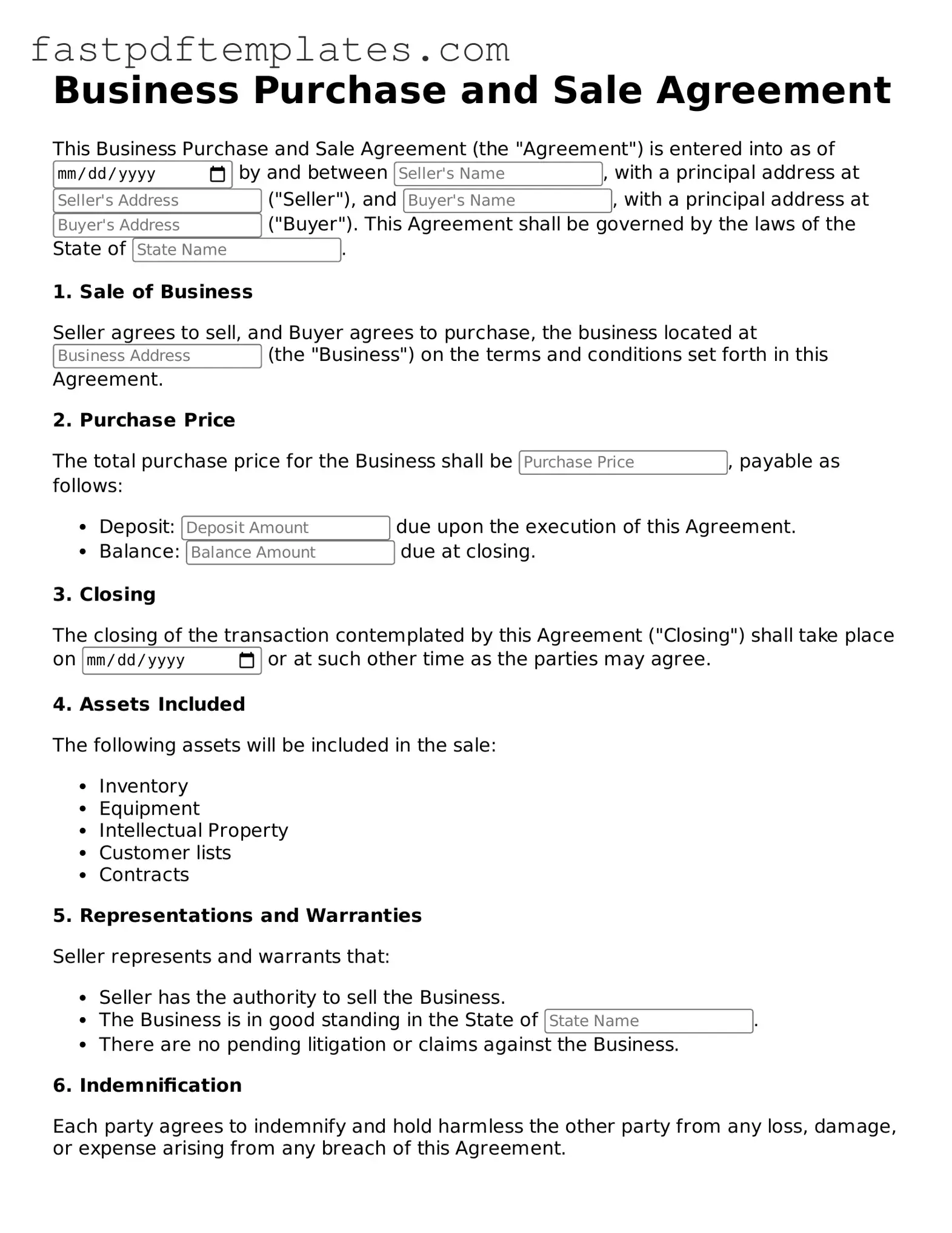 Fillable Business Purchase and Sale Agreement Document
