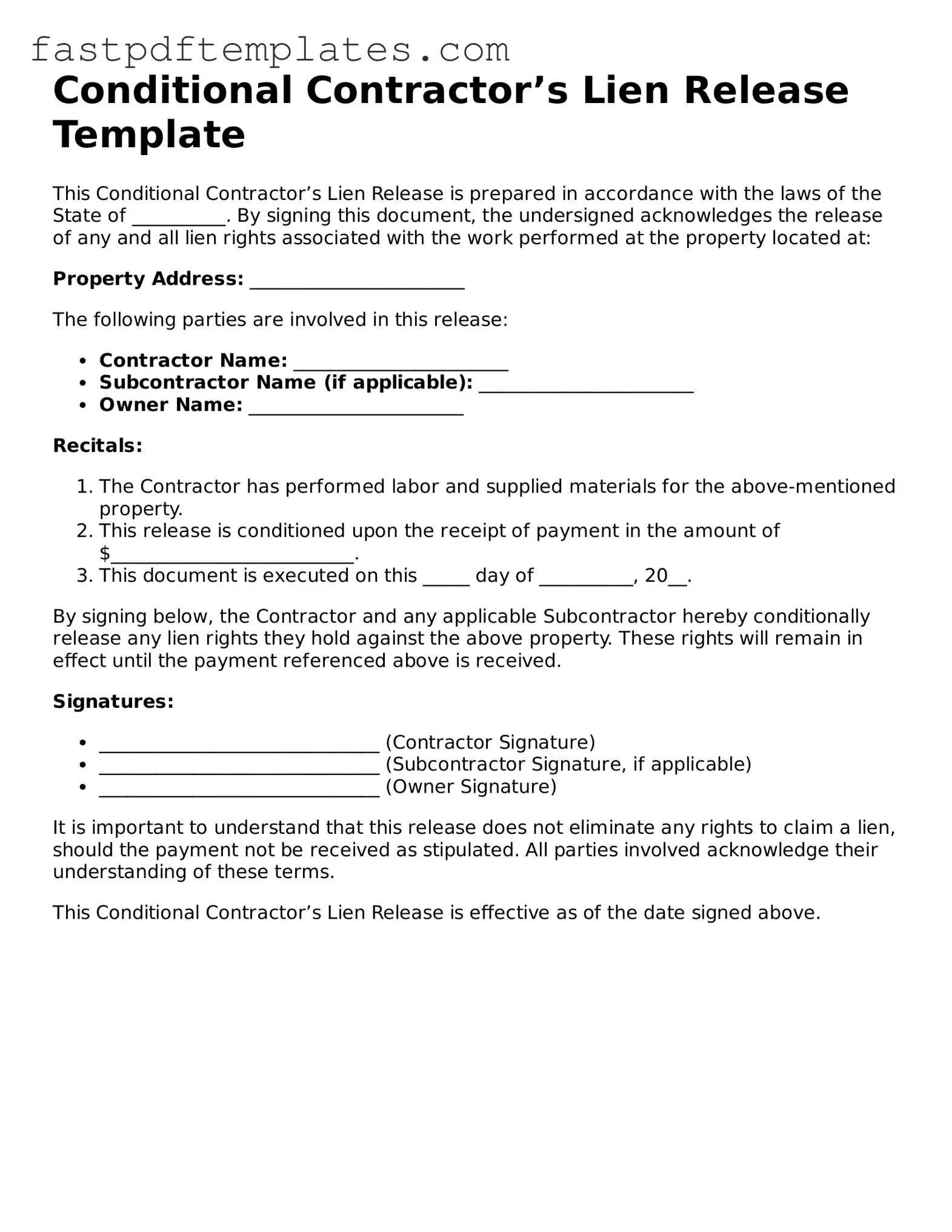 Fillable Conditional Contractor’s Lien Release Document