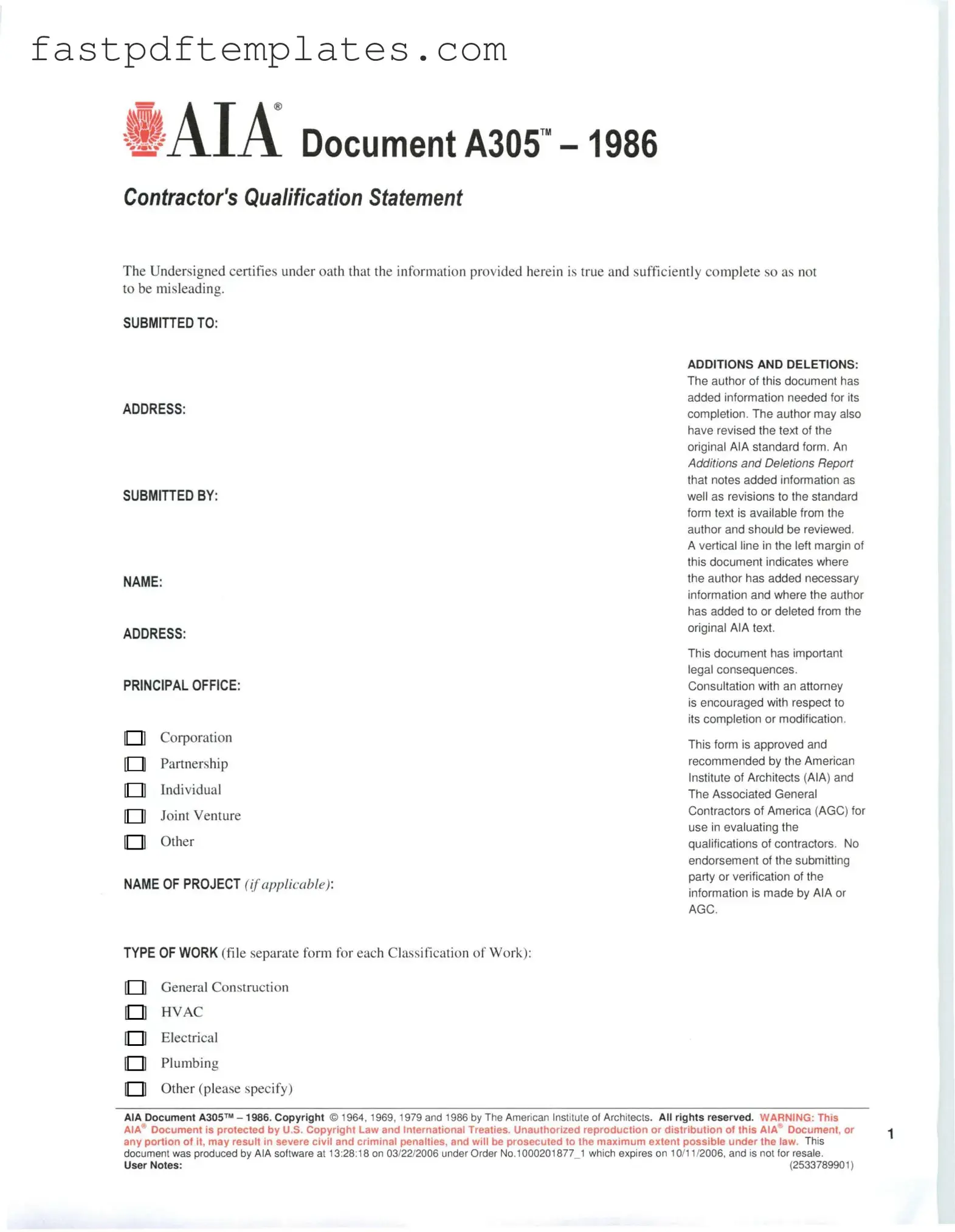 Blank AIA A305 Form