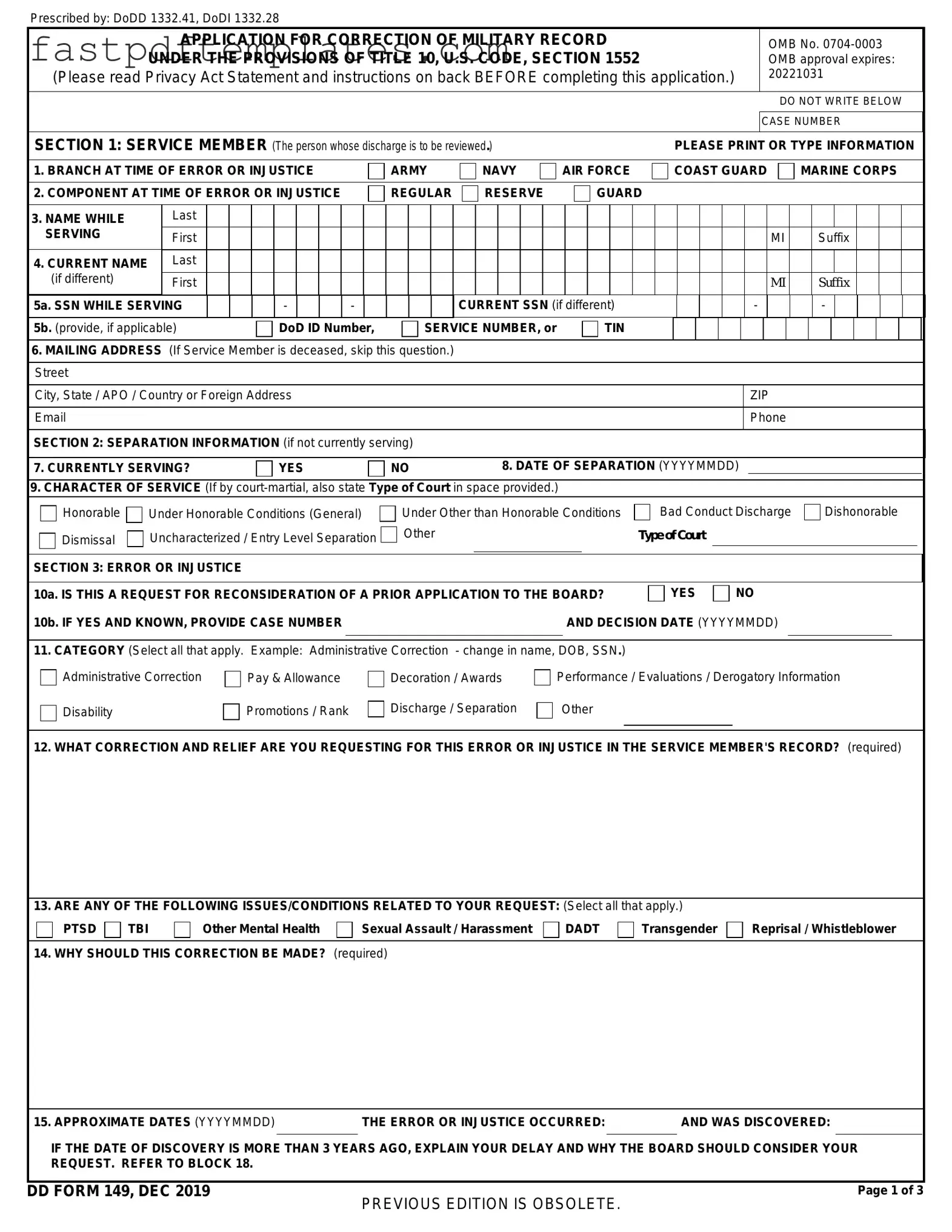 Blank DD 149 Form