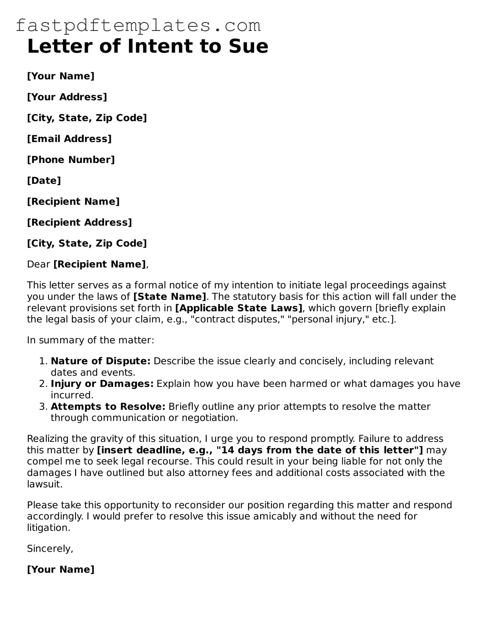 Fillable Letter of Intent to Sue Document