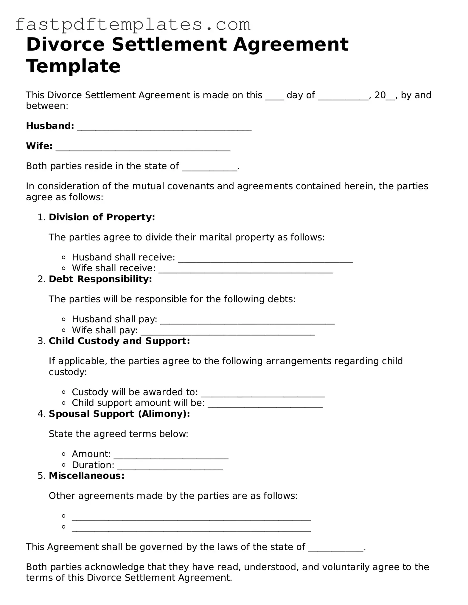 Fillable Divorce Settlement Agreement Document