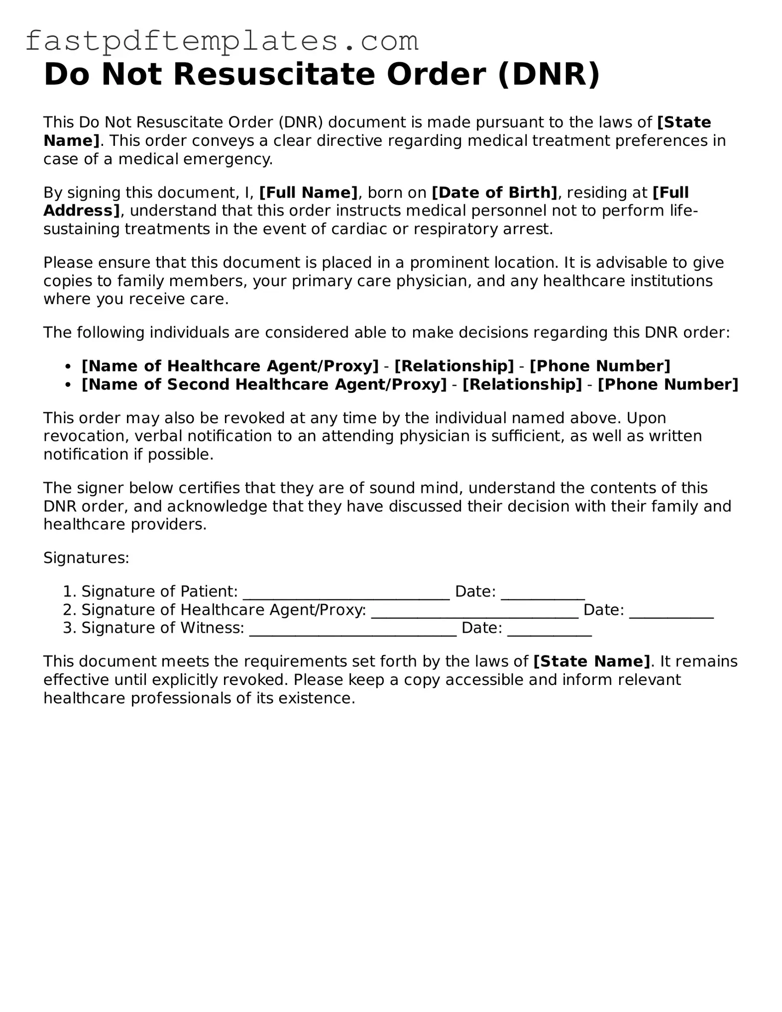 Fillable Do Not Resuscitate Order Document