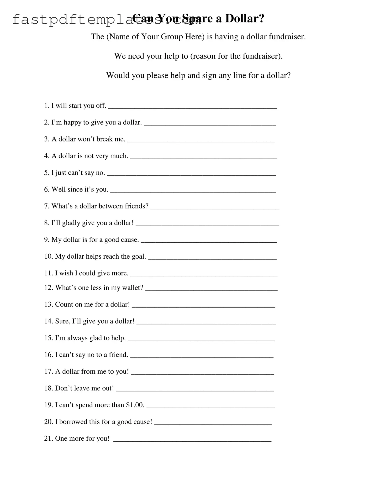 Blank Donated A Dollar Form