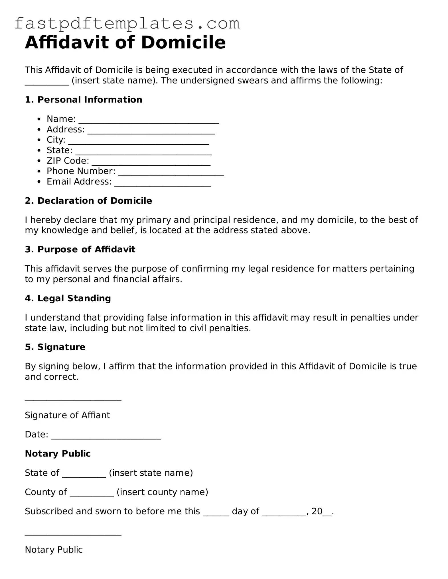 Fillable Affidavit of Domicile Document