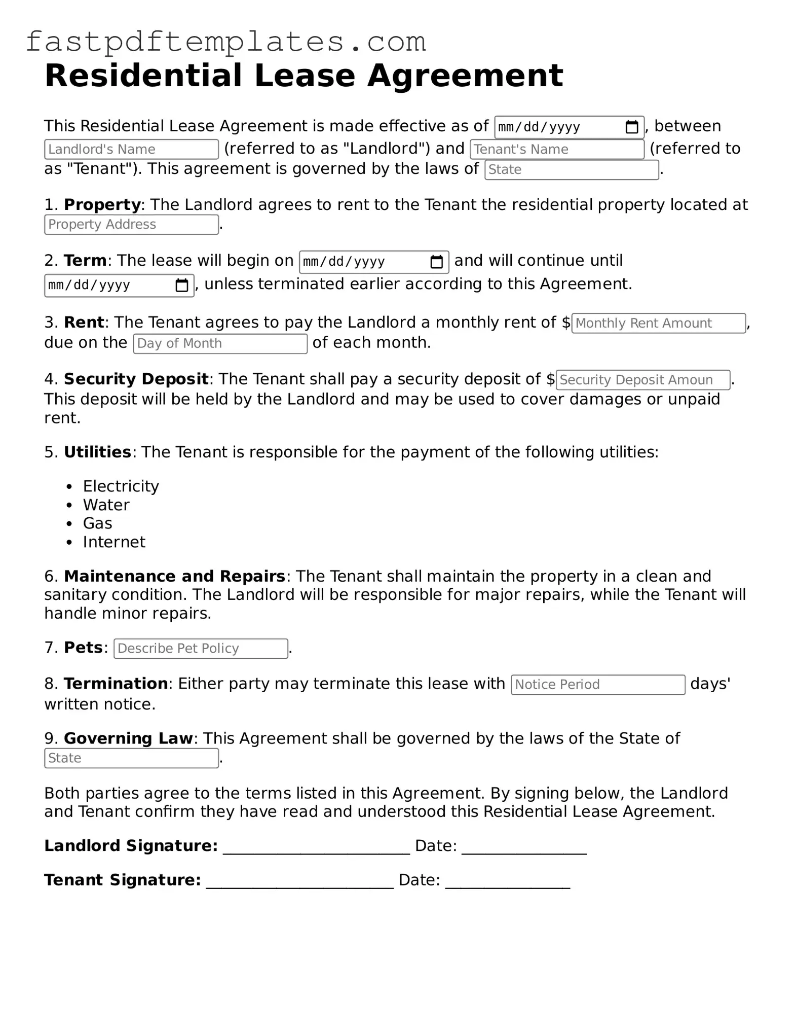 Fillable Residential Lease Agreement Document