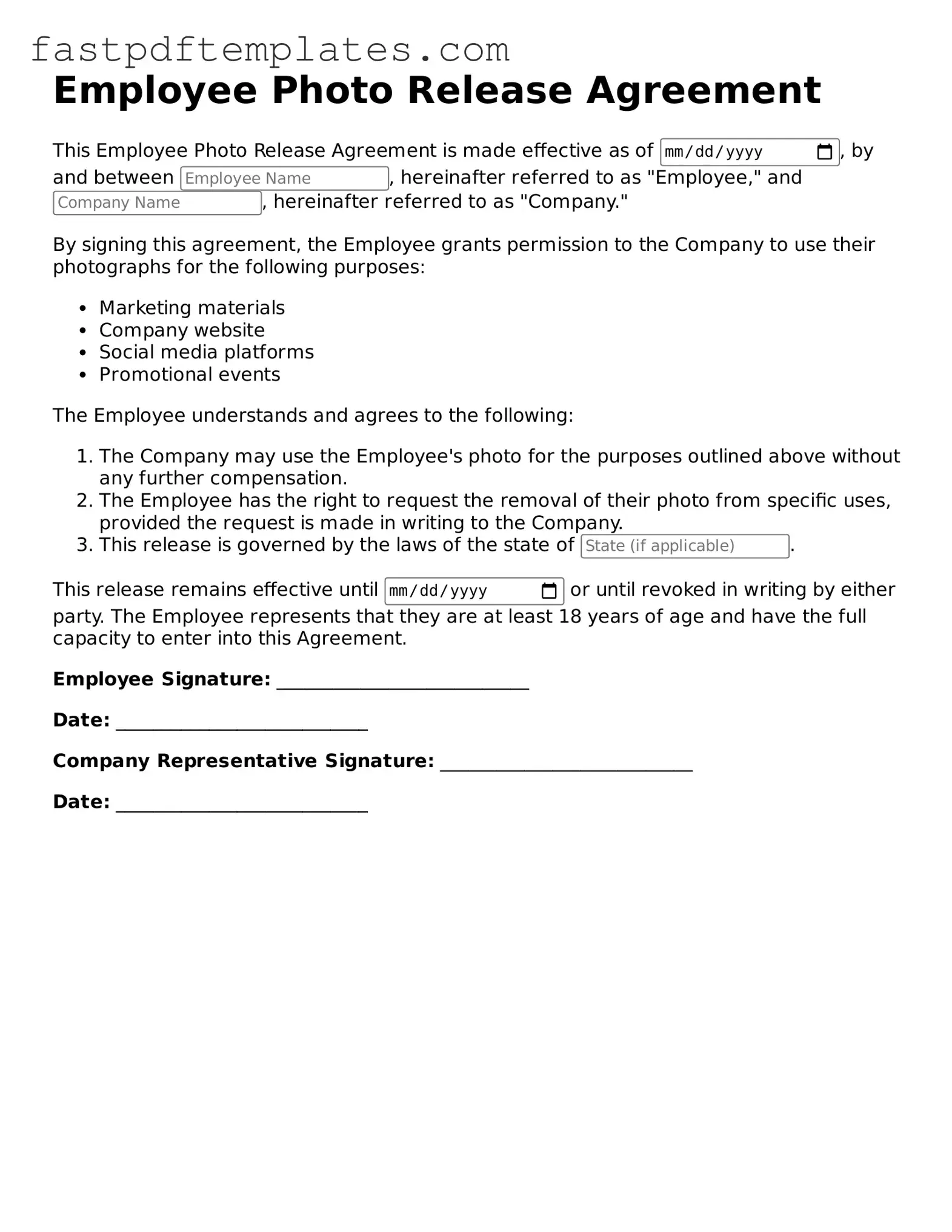 Fillable Employee Photo Release Document