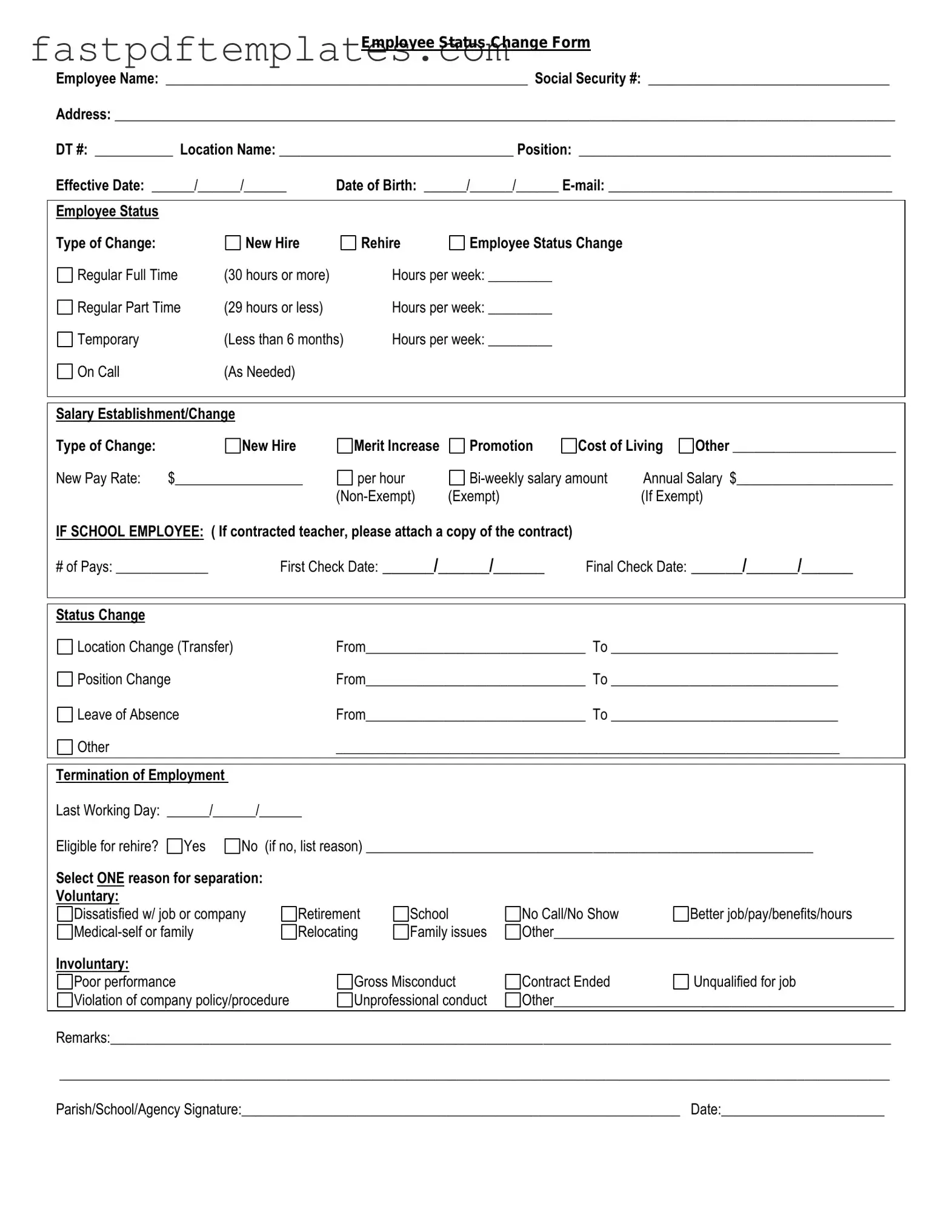 Blank Employee Status Change Form
