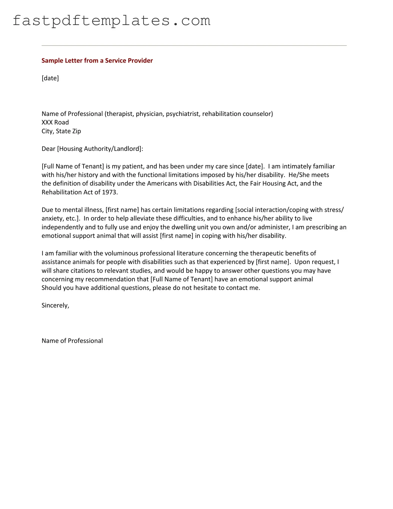 Blank Emotional Support Animal Letter Form