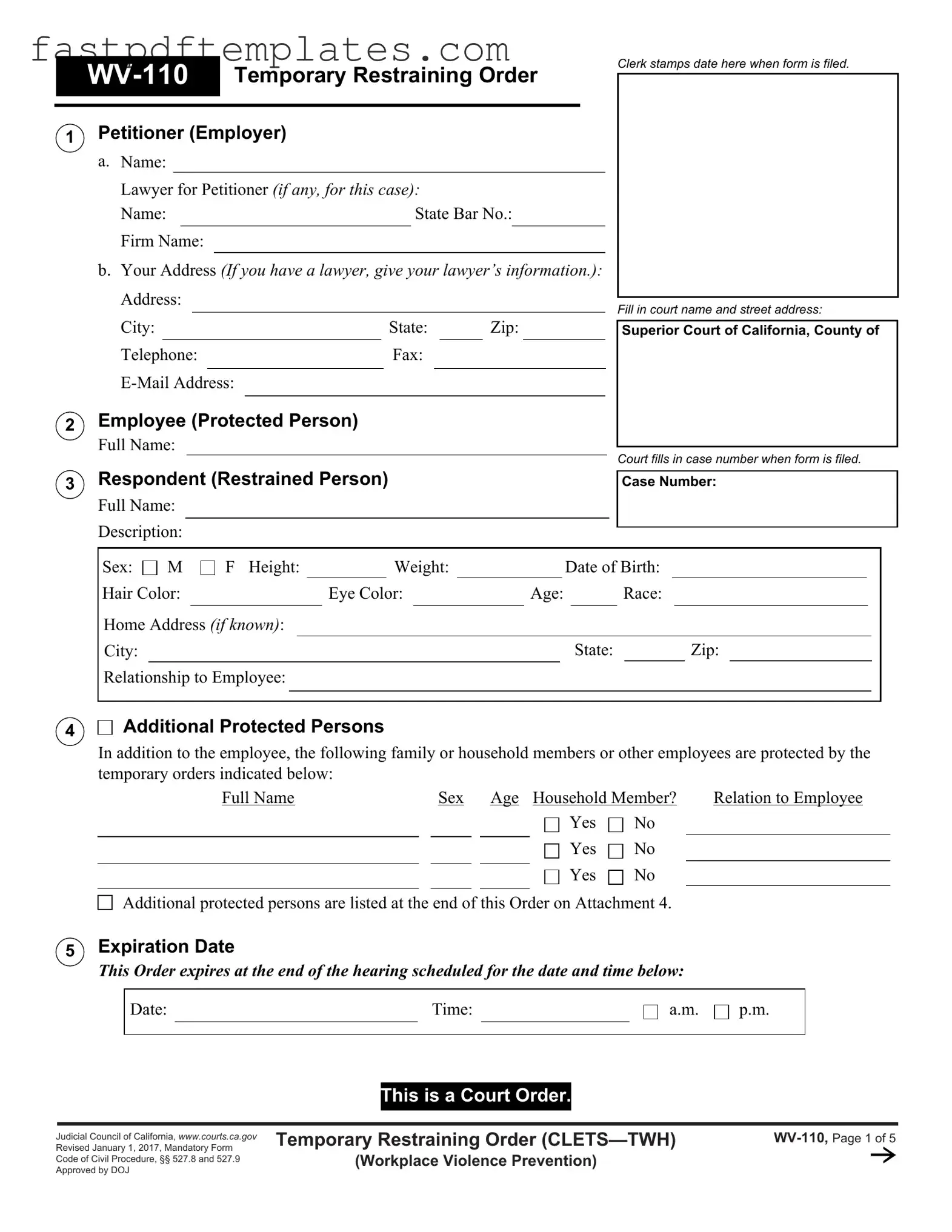 Blank Fake Restraining Order Form