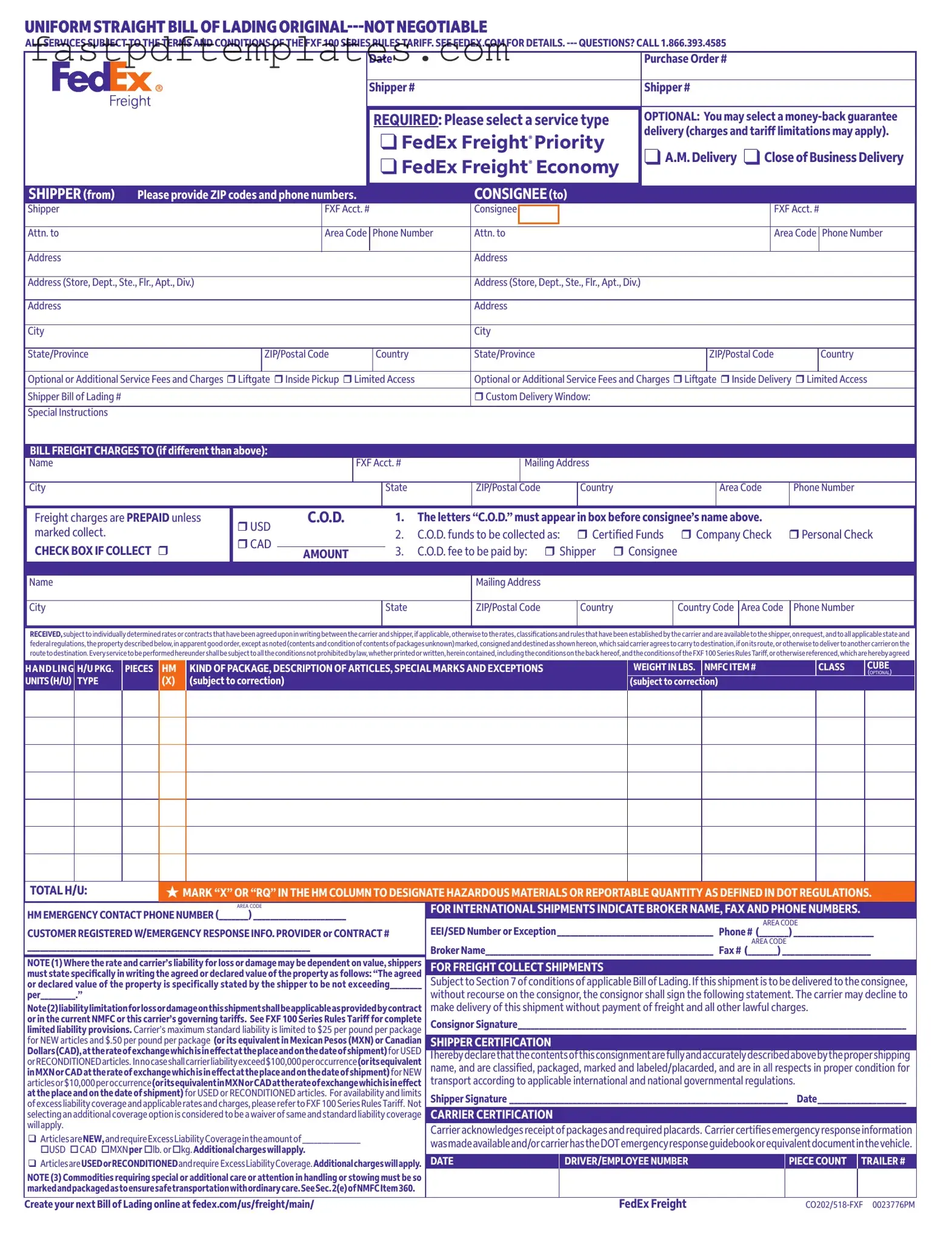 Blank Fedex Bill Of Lading Form