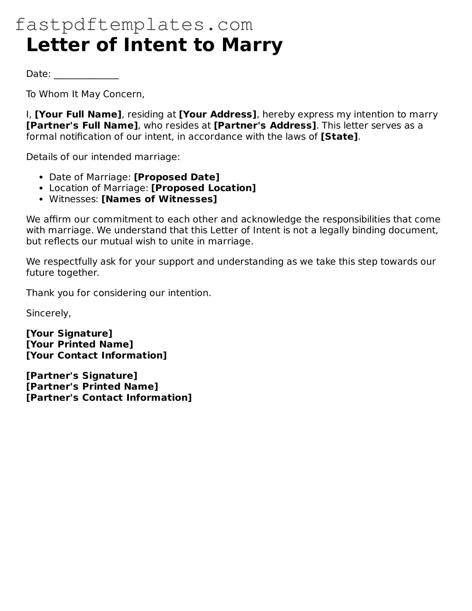 Fillable Letter of Intent to Marry Document