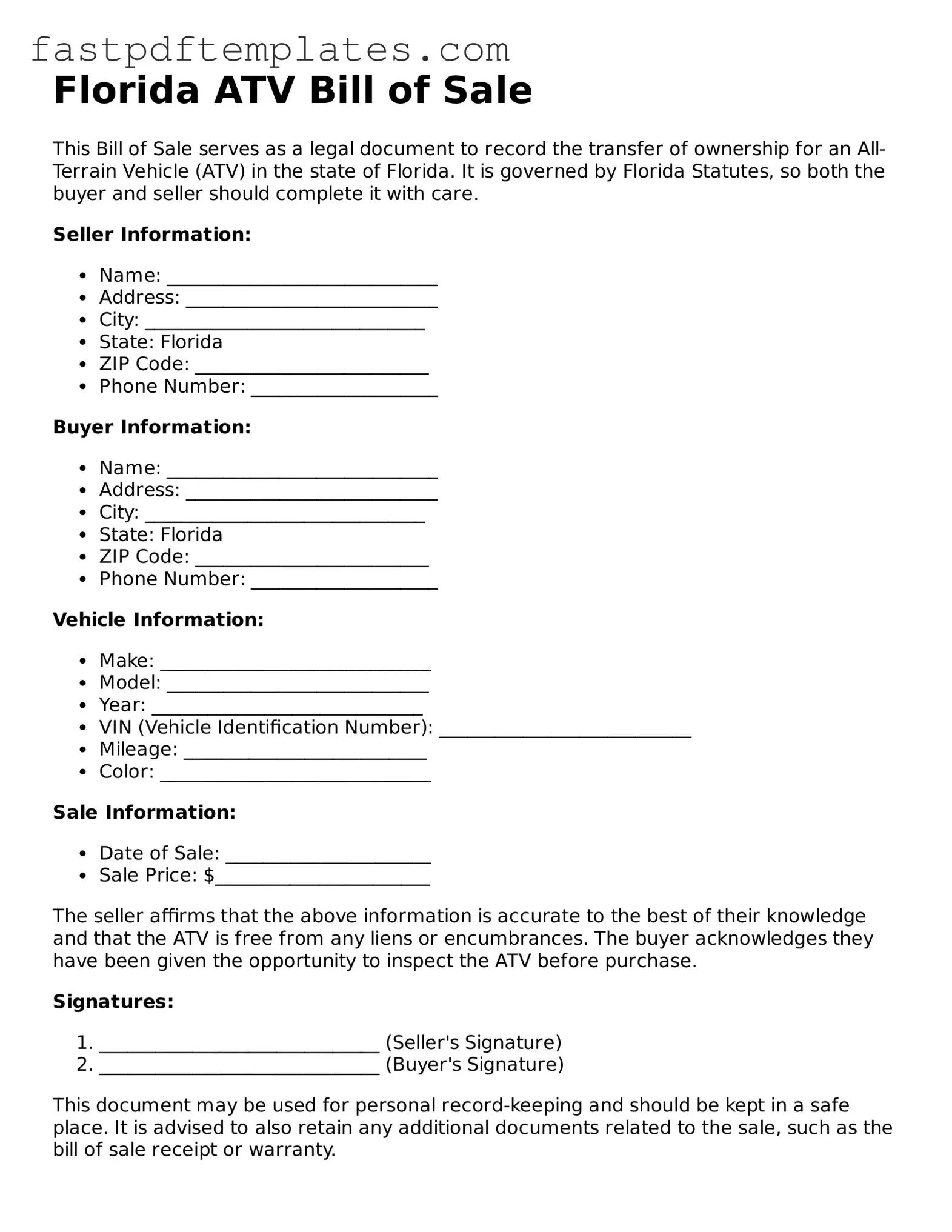 Attorney-Approved Florida ATV Bill of Sale Document