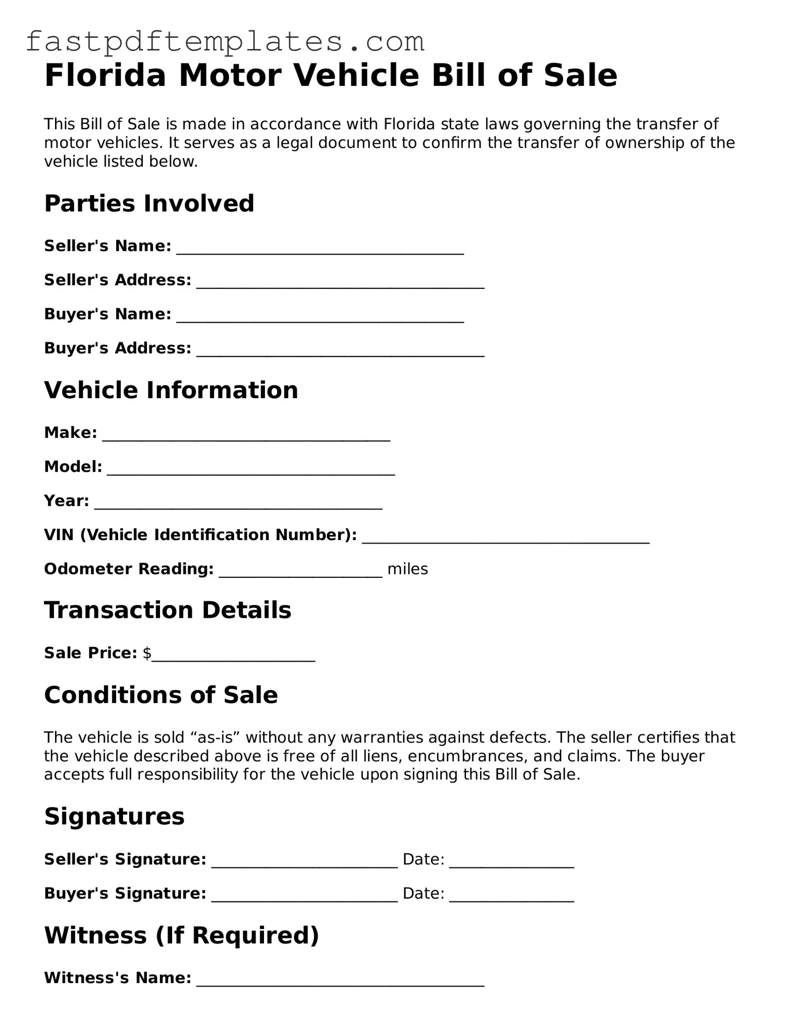 Attorney-Approved Florida Motor Vehicle Bill of Sale Document