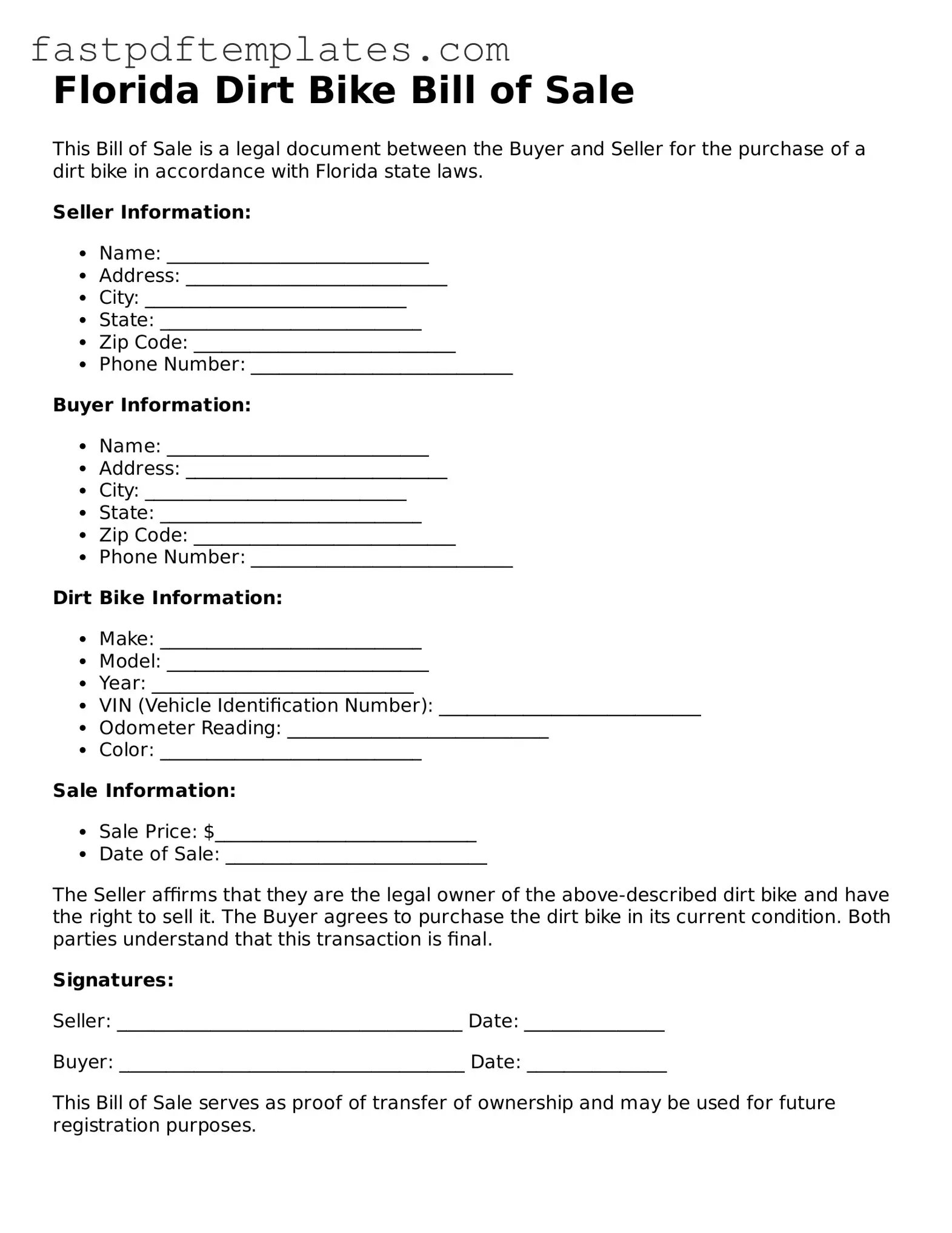 Attorney-Approved Florida Dirt Bike Bill of Sale Document