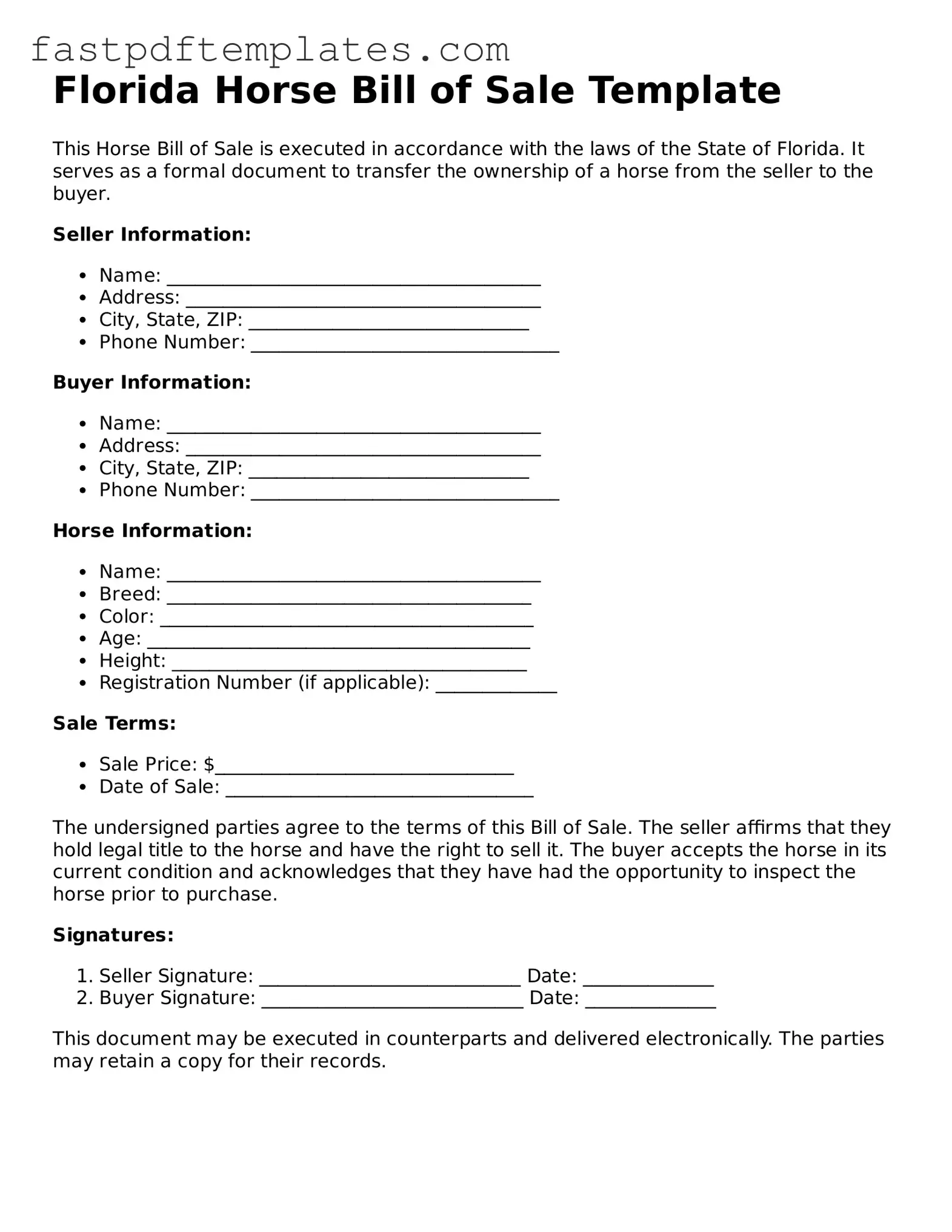 Attorney-Approved Florida Horse Bill of Sale Document