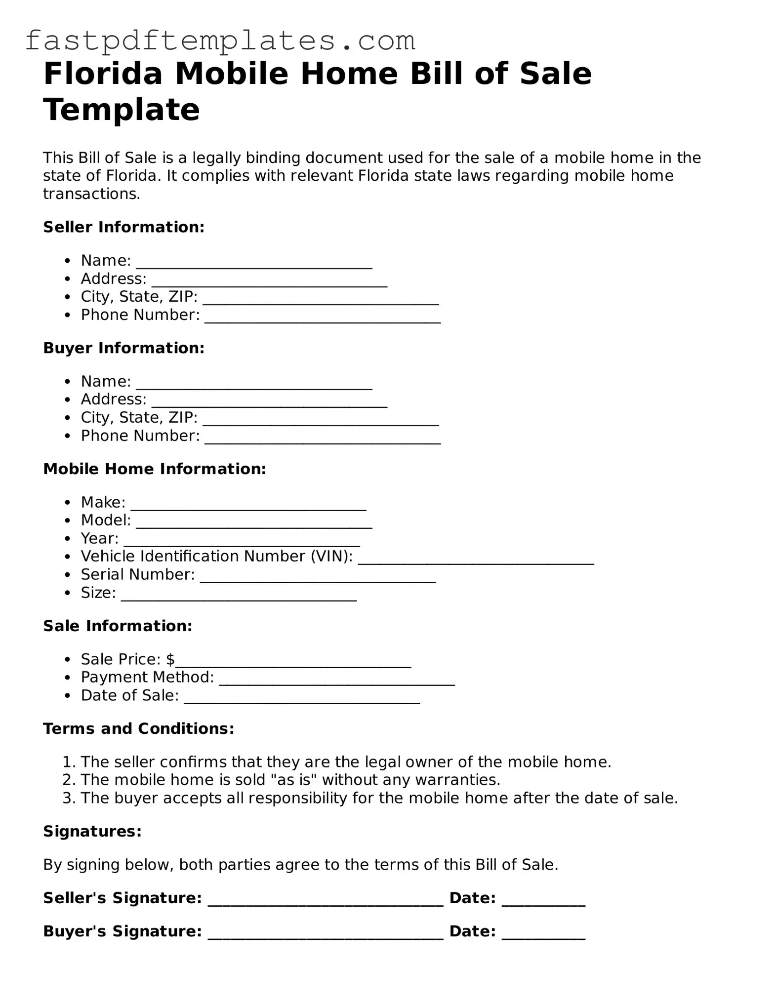 Attorney-Approved Florida Mobile Home Bill of Sale Document