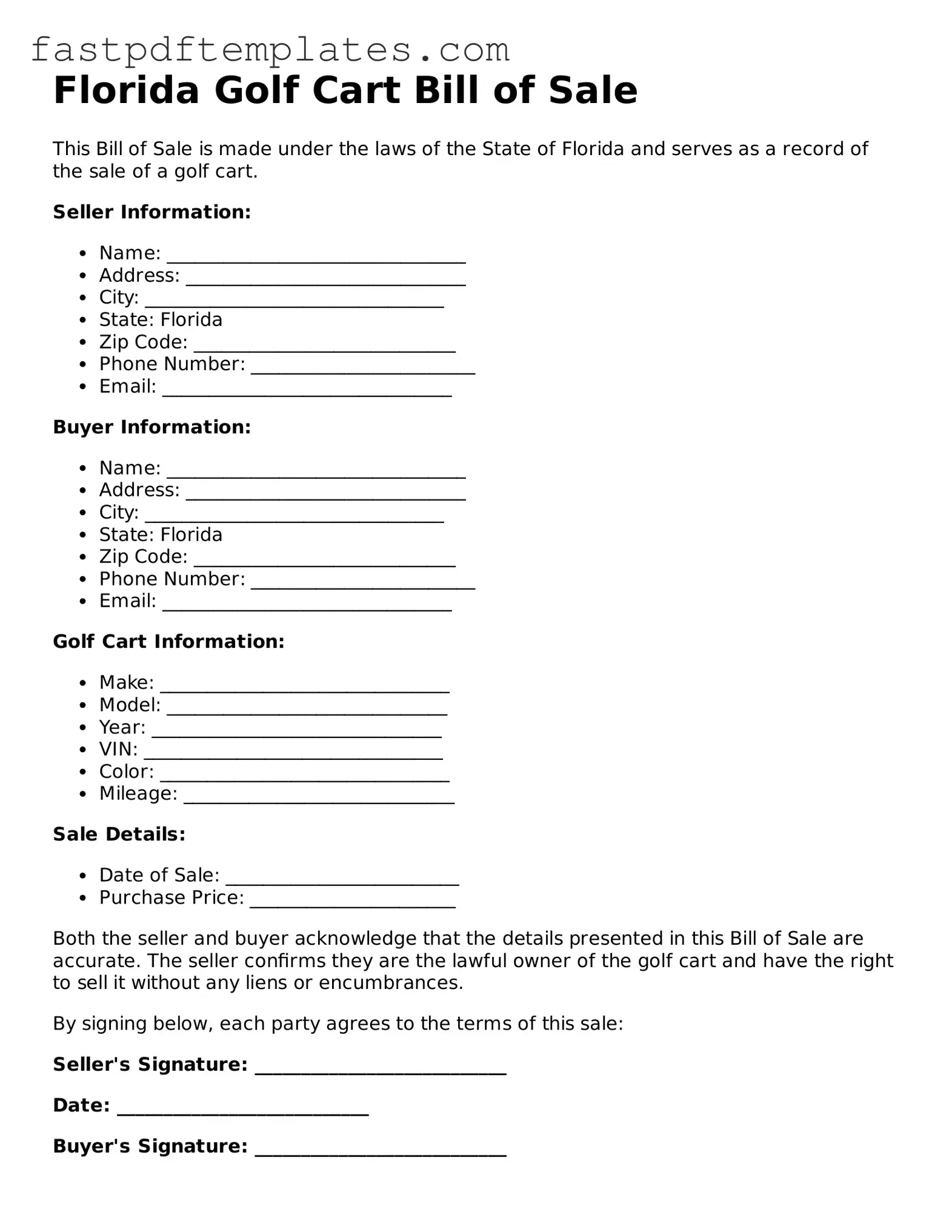 Attorney-Approved Florida Golf Cart Bill of Sale Document