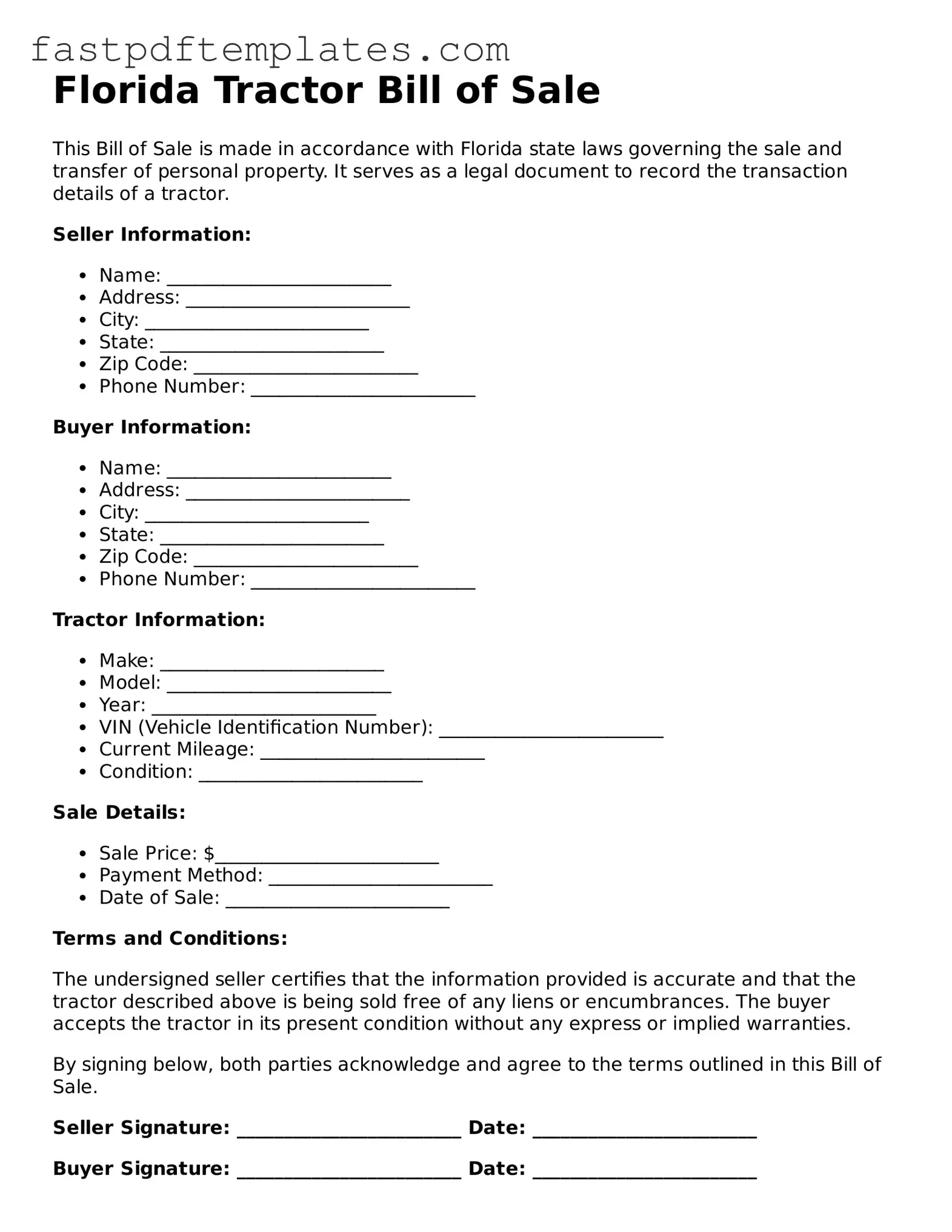 Attorney-Approved Florida Tractor Bill of Sale Document