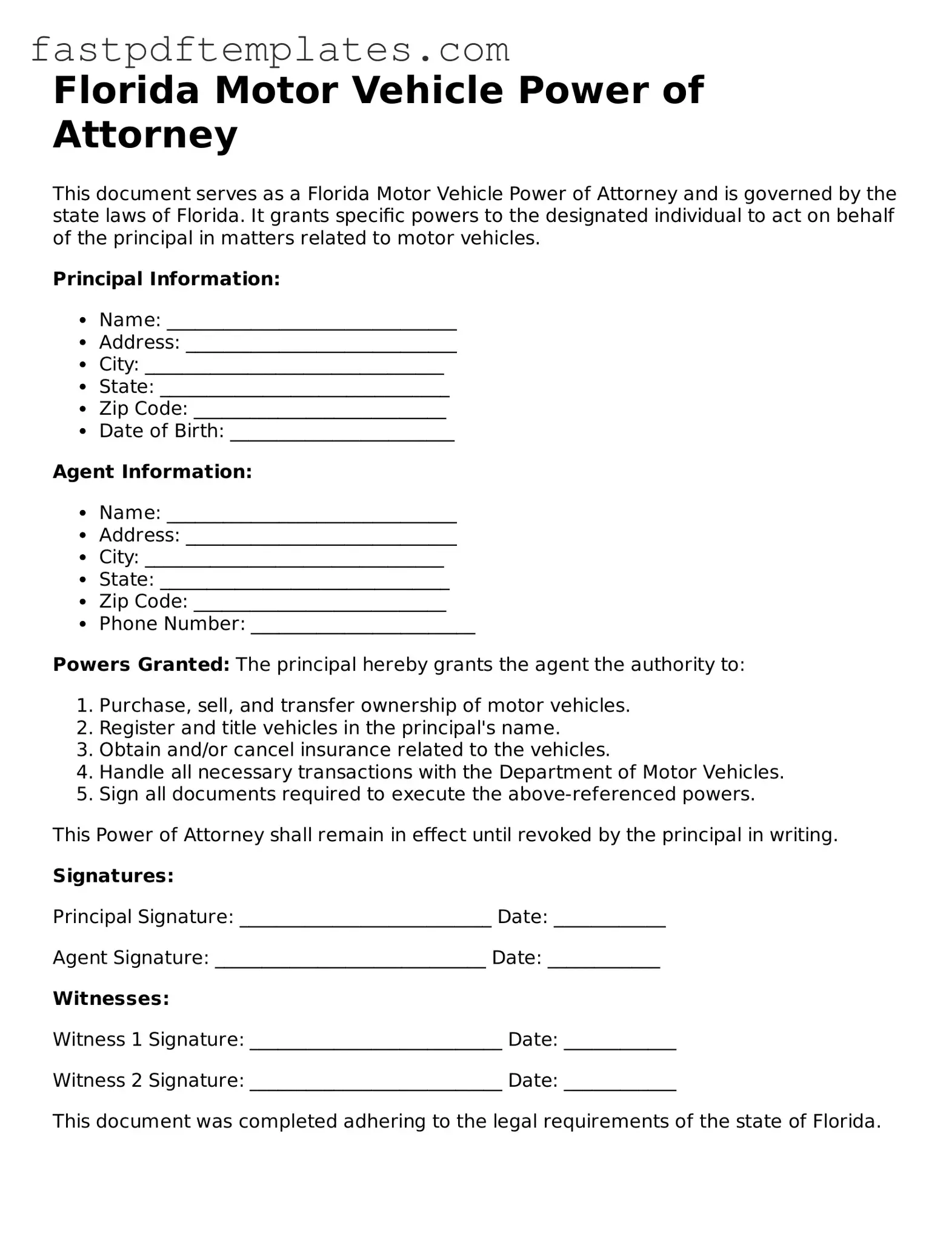 Attorney-Approved Florida Motor Vehicle Power of Attorney Document