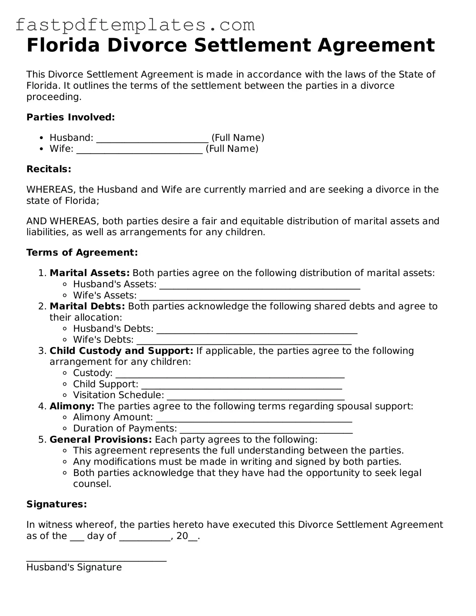 Attorney-Approved Florida Divorce Settlement Agreement Document