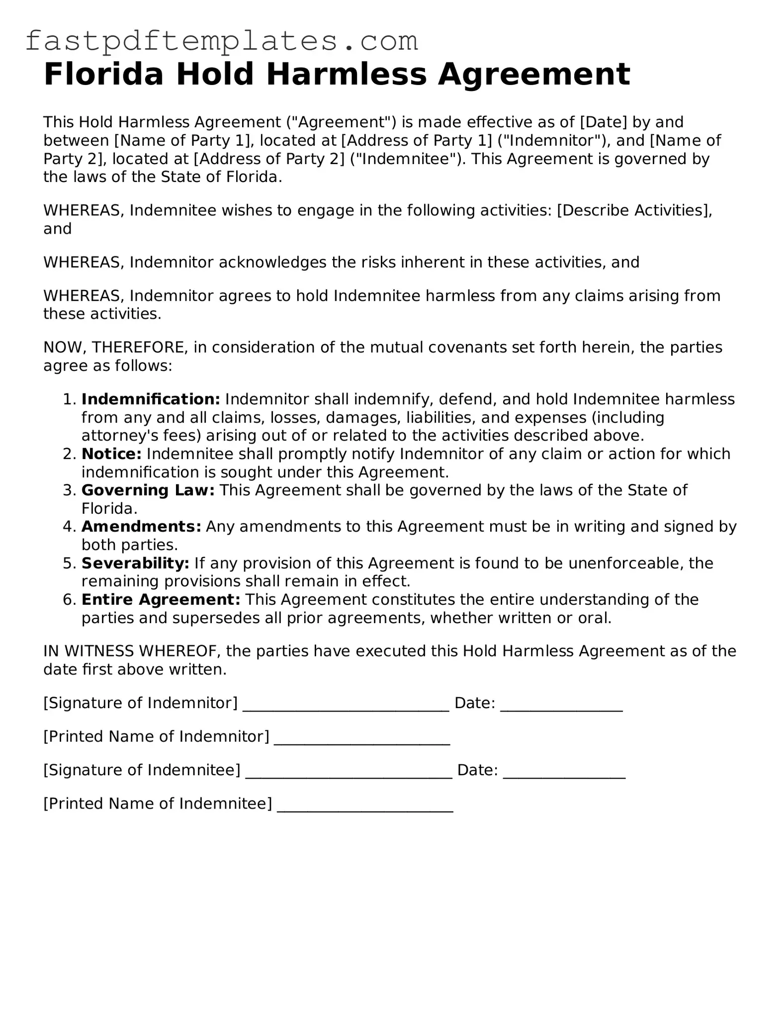 Attorney-Approved Florida Hold Harmless Agreement Document