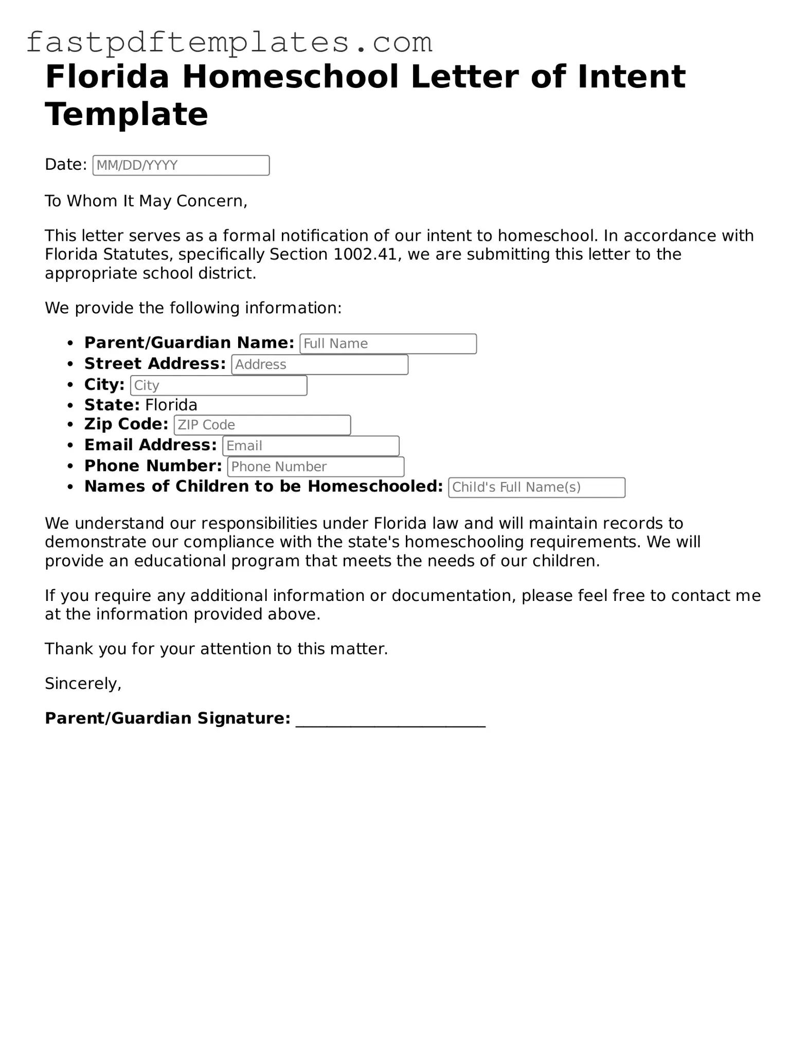 Attorney-Approved Florida Homeschool Letter of Intent Document