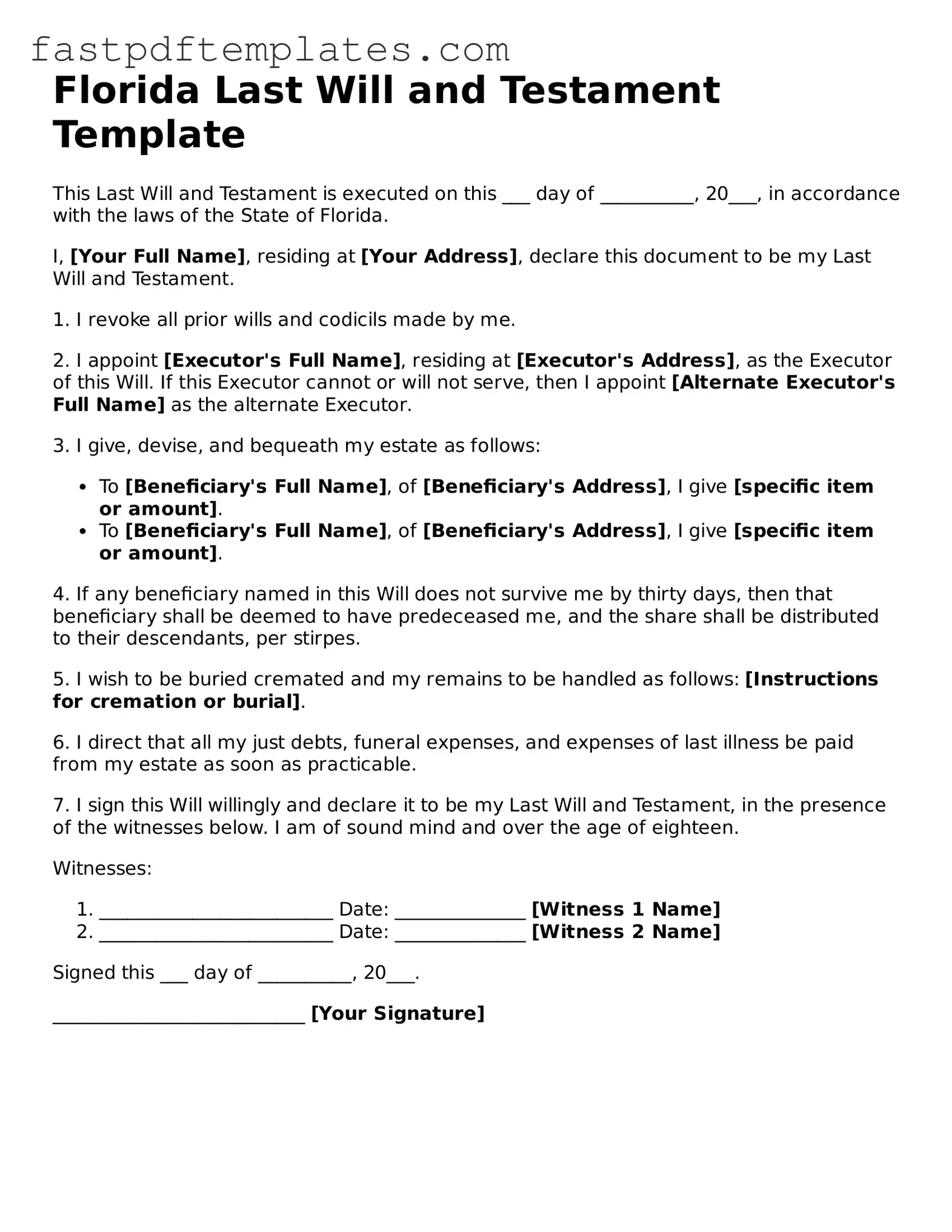 Attorney-Approved Florida Last Will and Testament Document