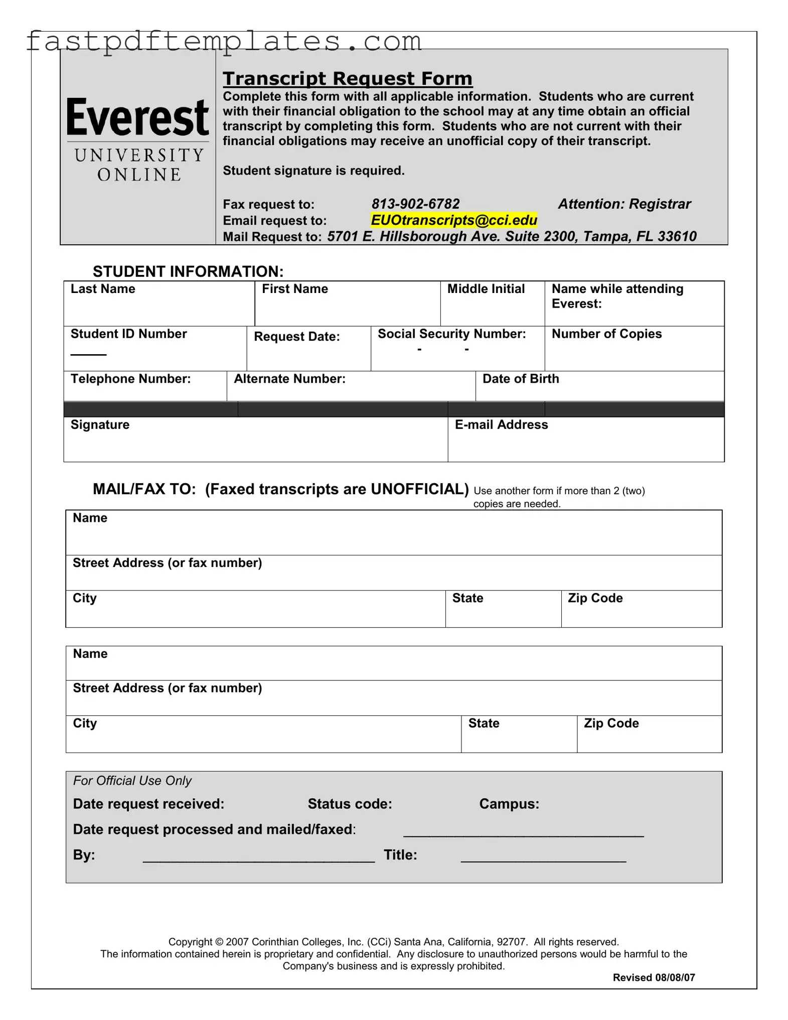 Blank Everest University Transcript Form