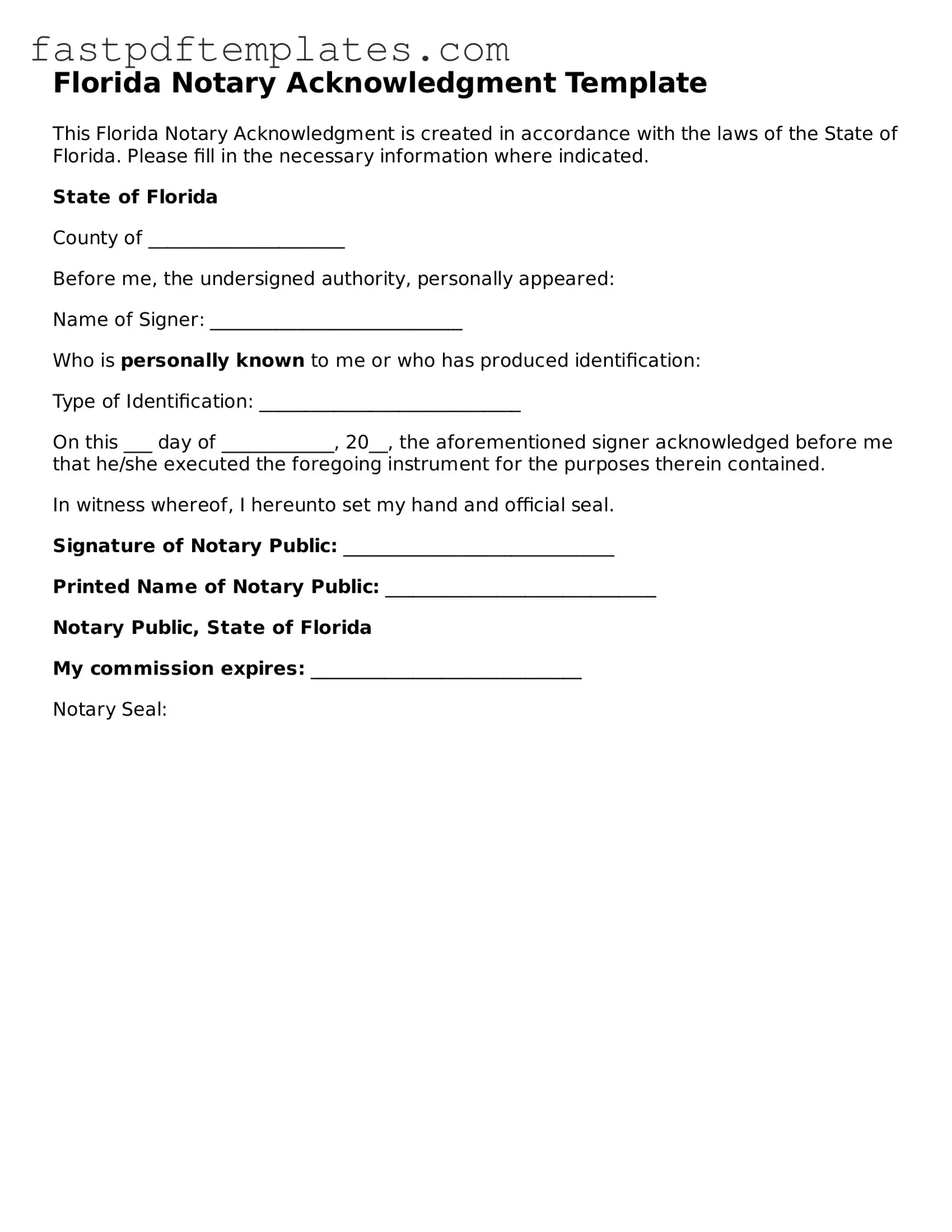 Attorney-Approved Florida Notary Acknowledgement Document
