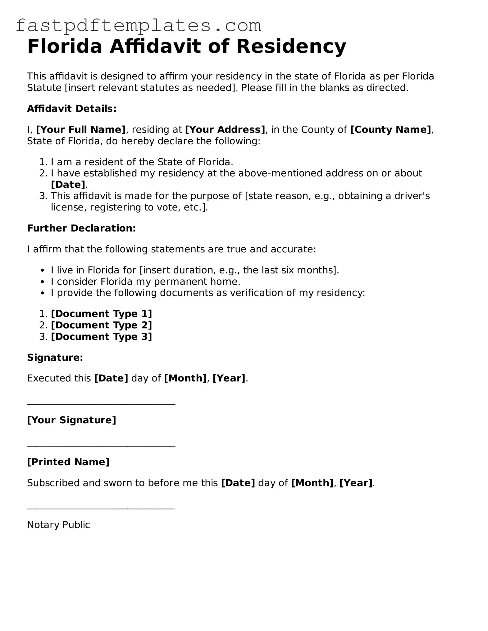 Attorney-Approved Florida Affidavit of Residency Document