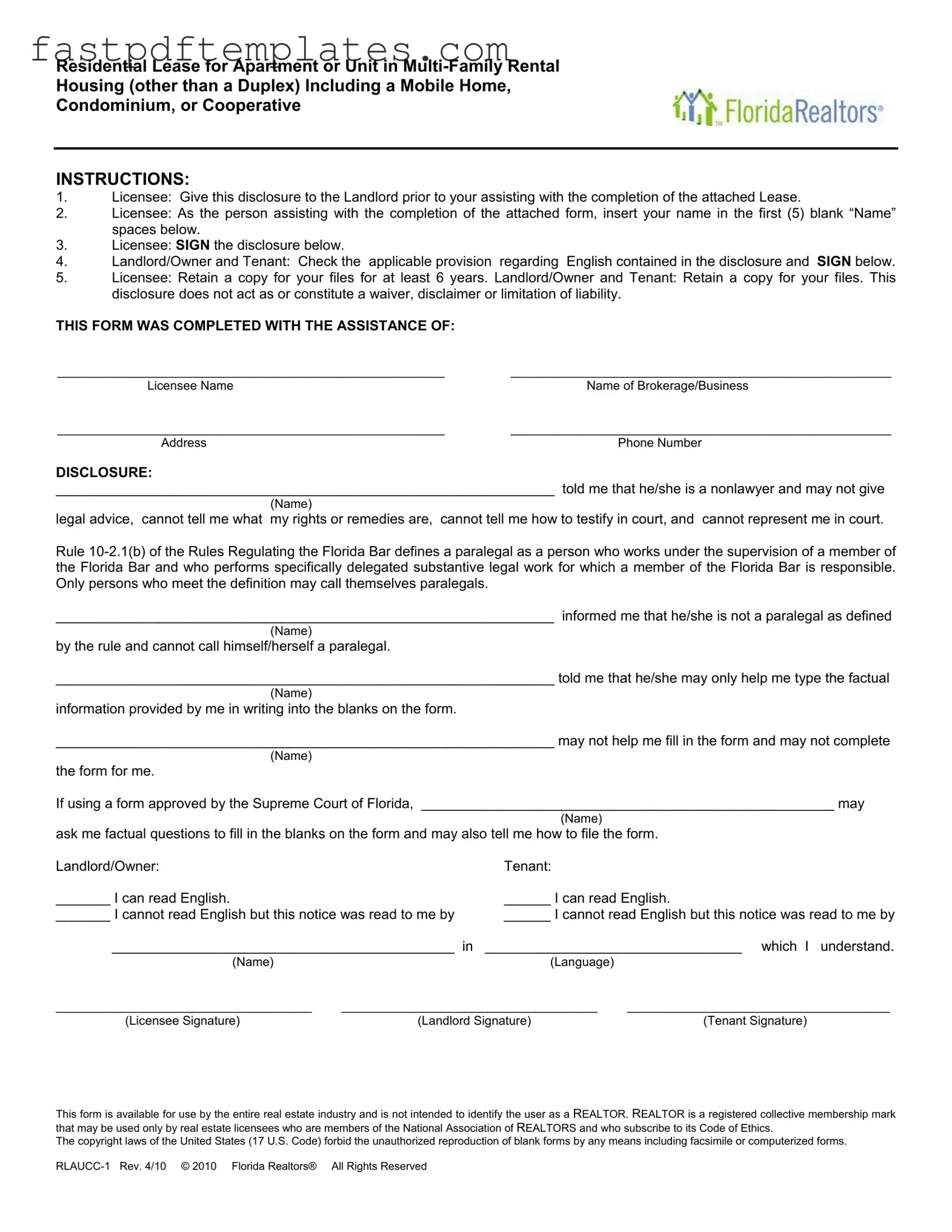 Blank Florida Realtors Residential Lease Form