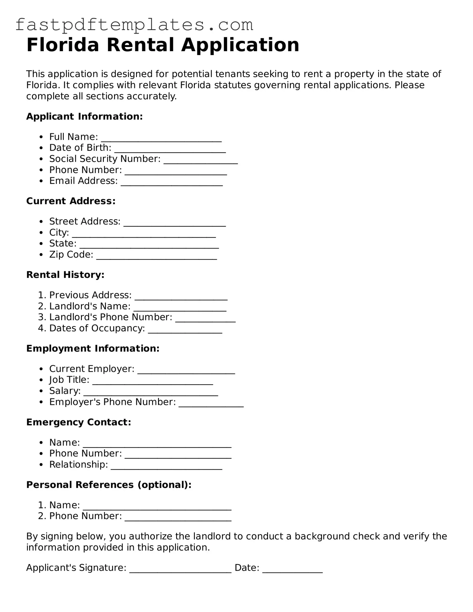 Attorney-Approved Florida Rental Application Document
