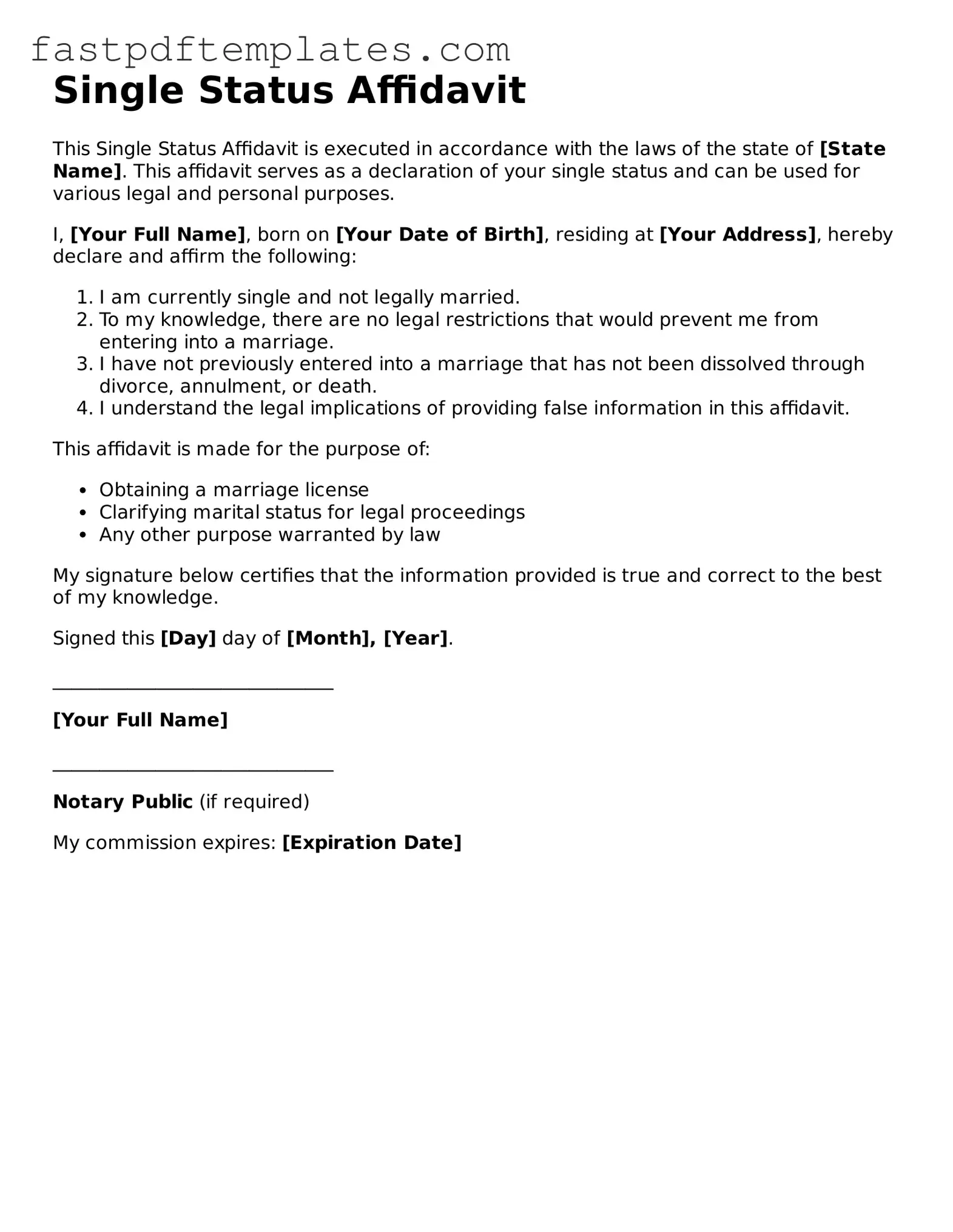 Fillable Single Status Affidavit Document
