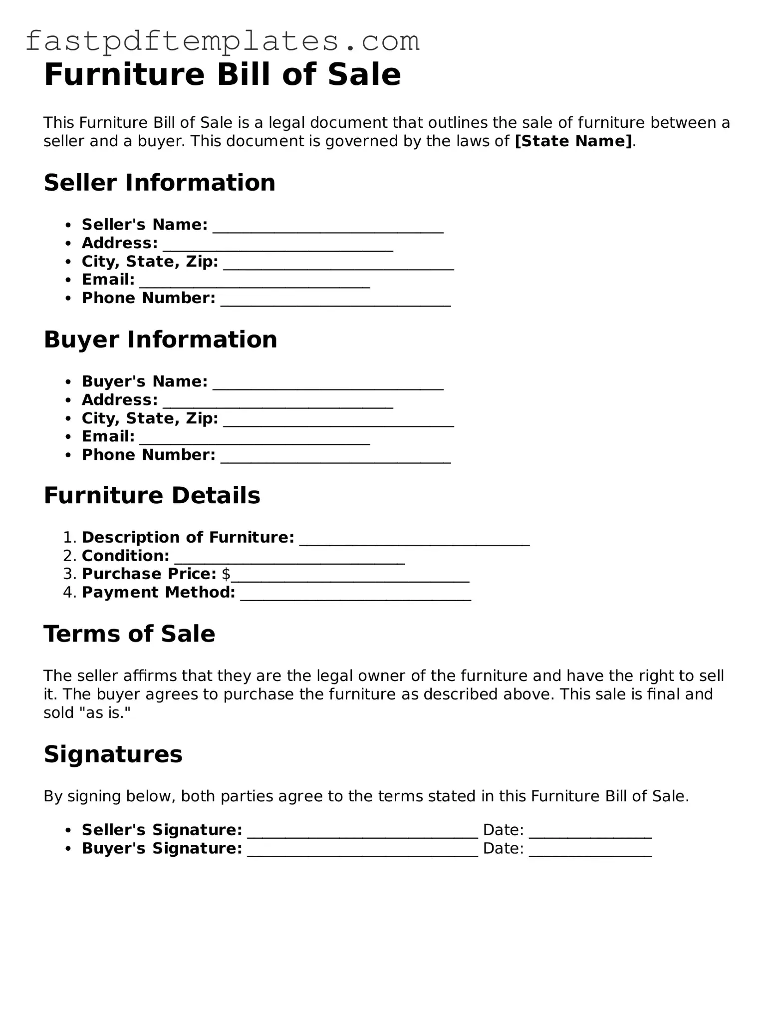 Fillable Furniture Bill of Sale Document