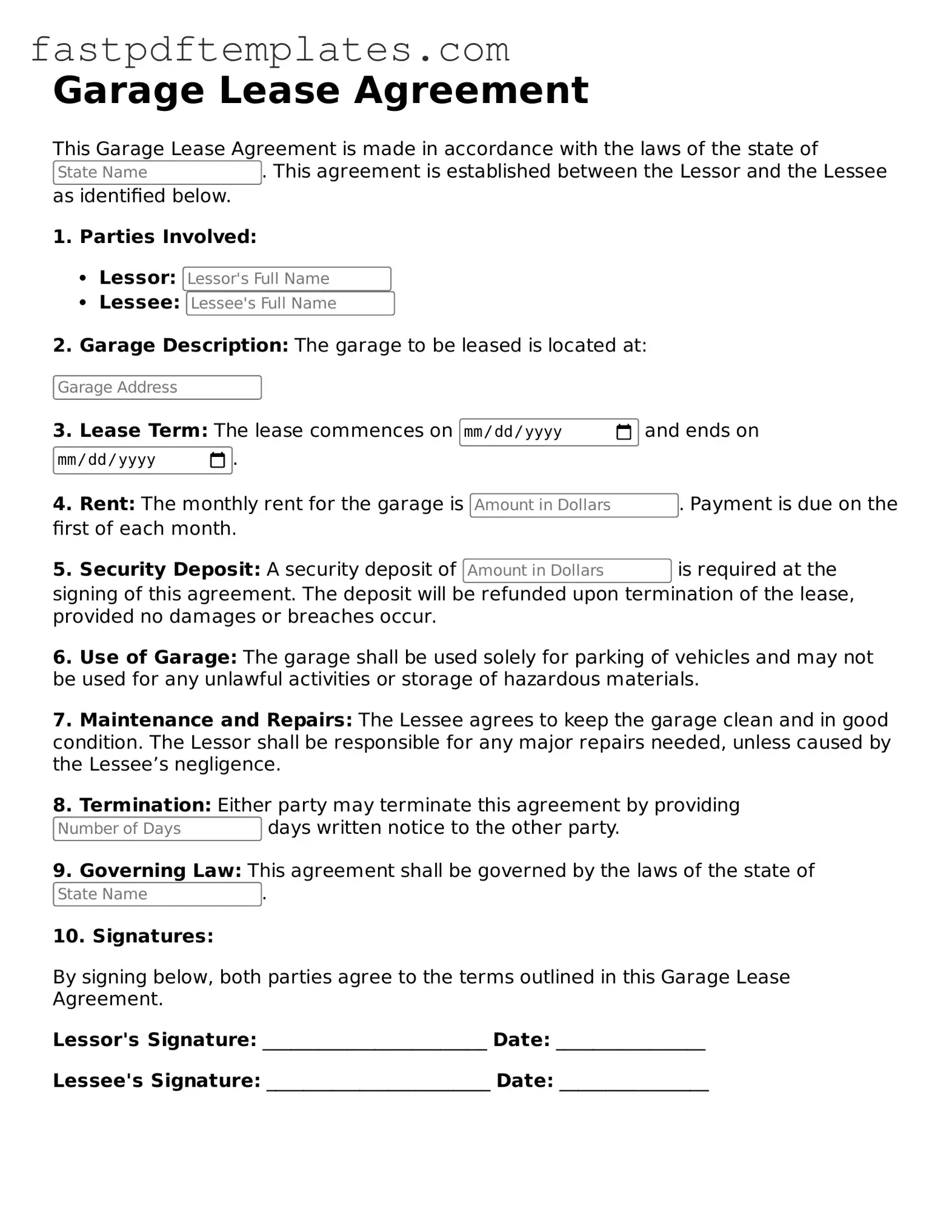 Fillable Garage Lease Agreement Document