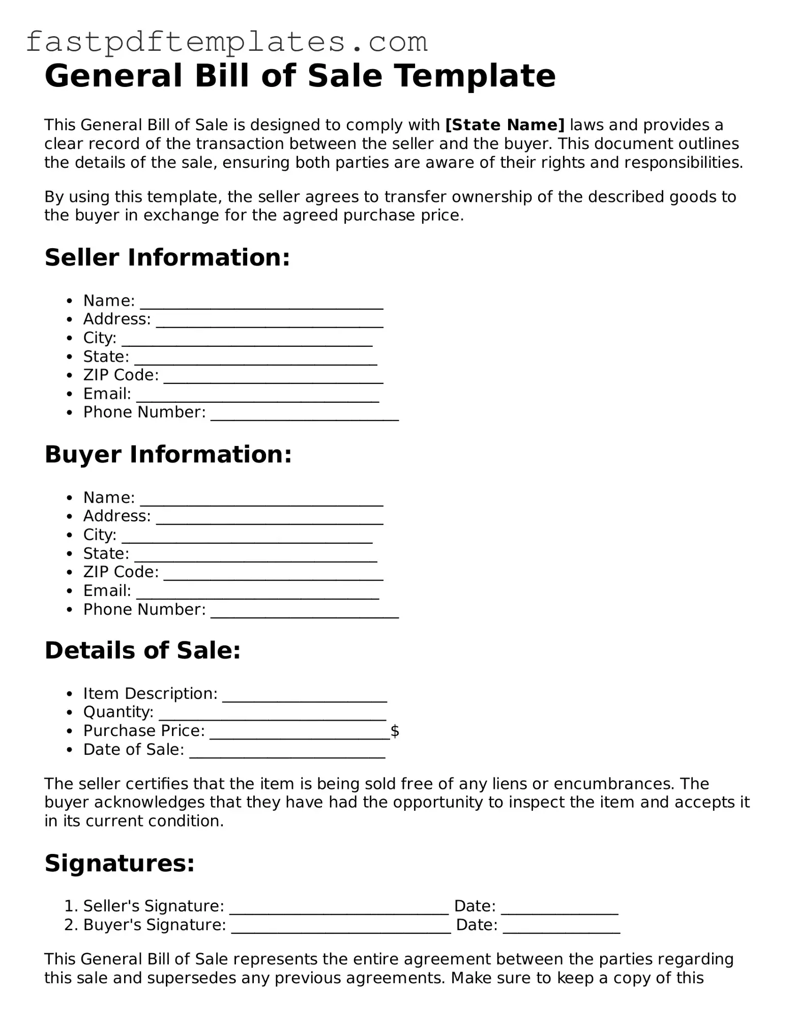 Fillable General Bill of Sale Document