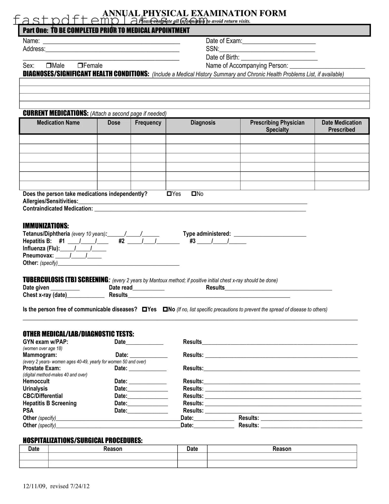 Blank Annual Physical Examination Form