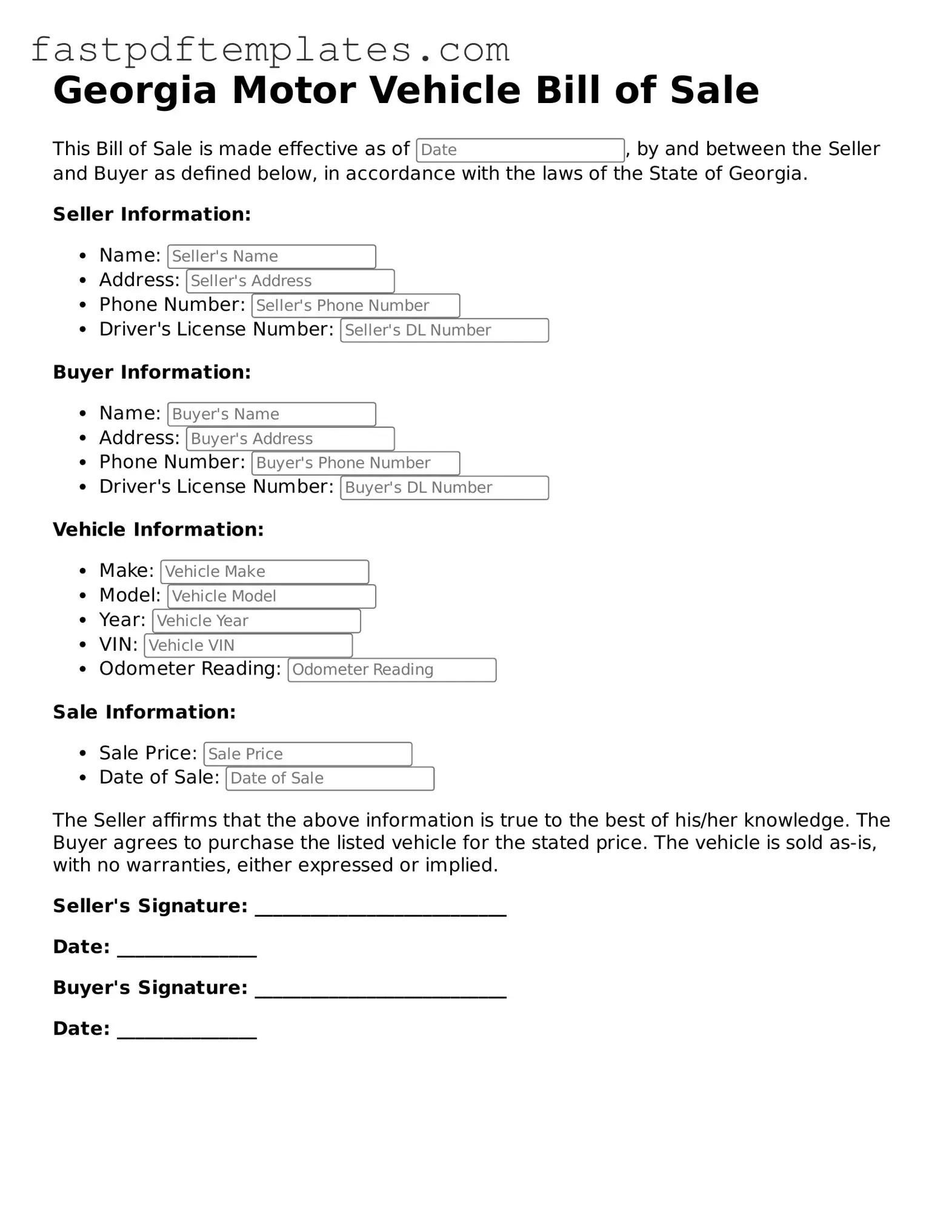 Attorney-Approved Georgia Motor Vehicle Bill of Sale Document