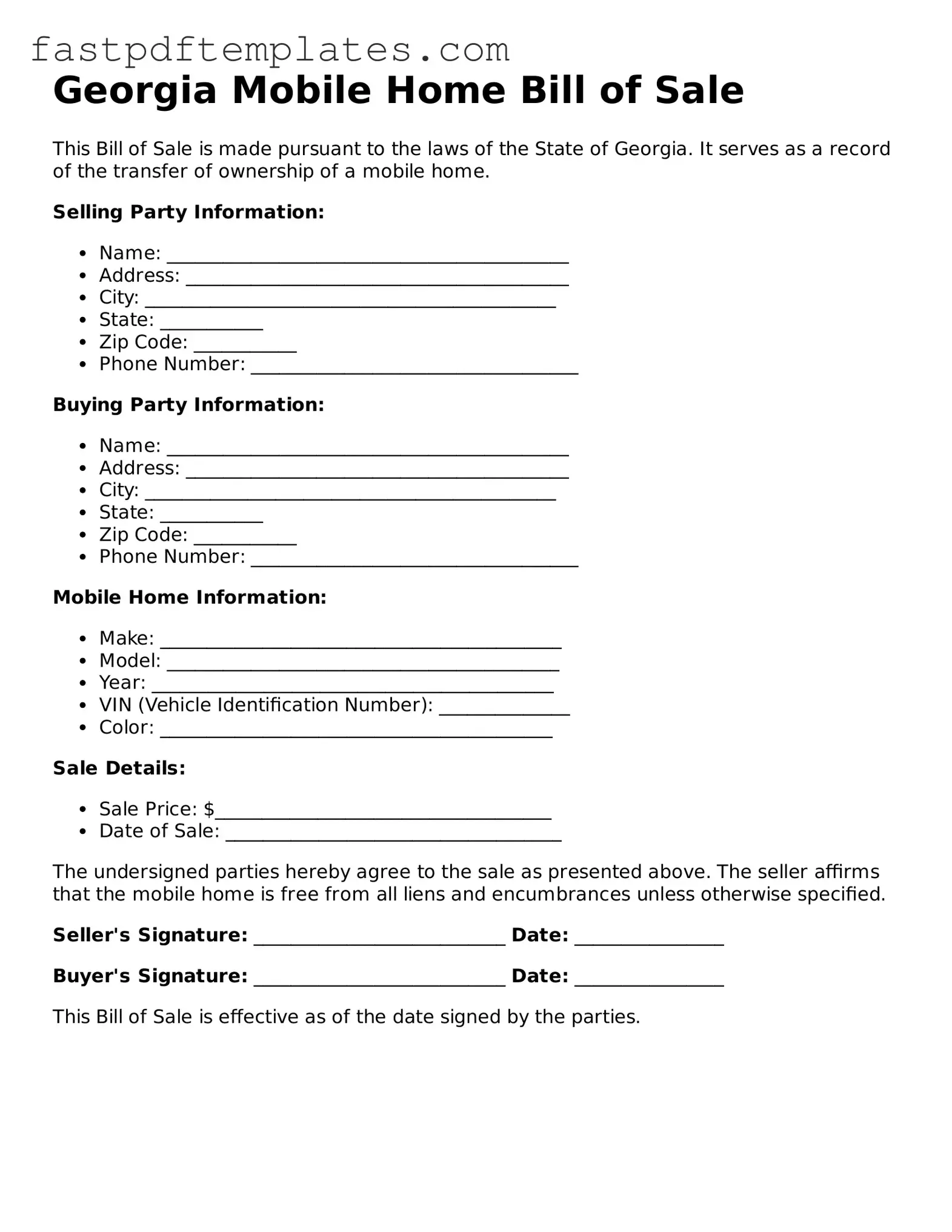 Attorney-Approved Georgia Mobile Home Bill of Sale Document