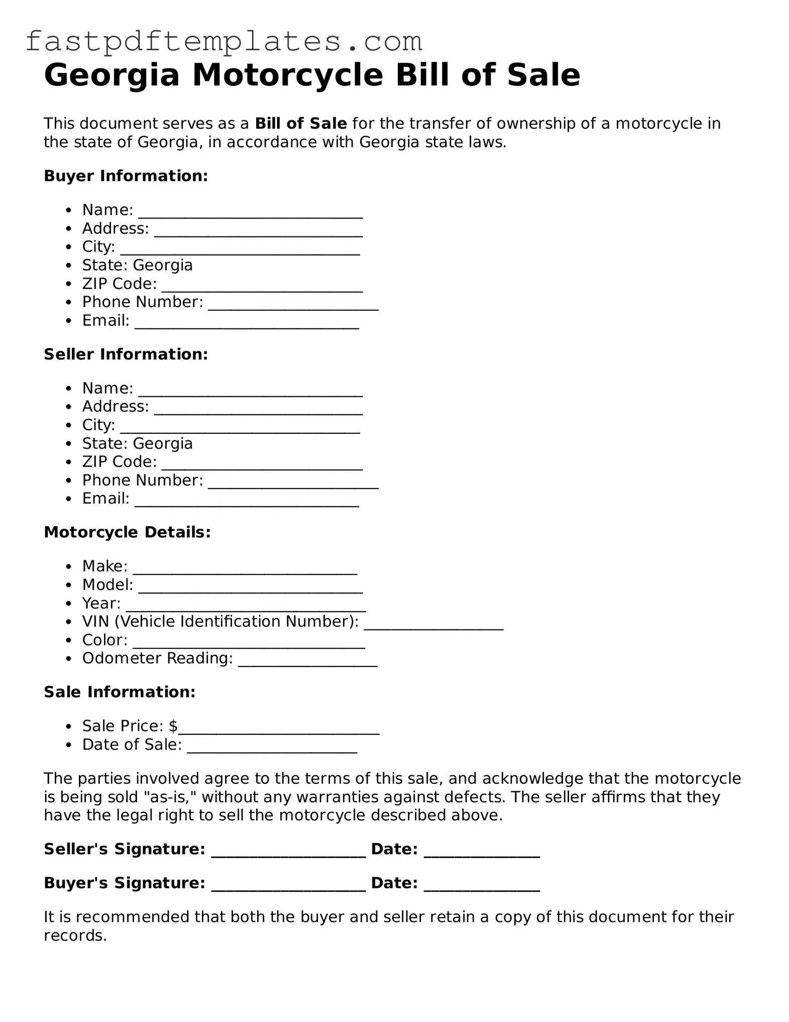 Attorney-Approved Georgia Motorcycle Bill of Sale Document