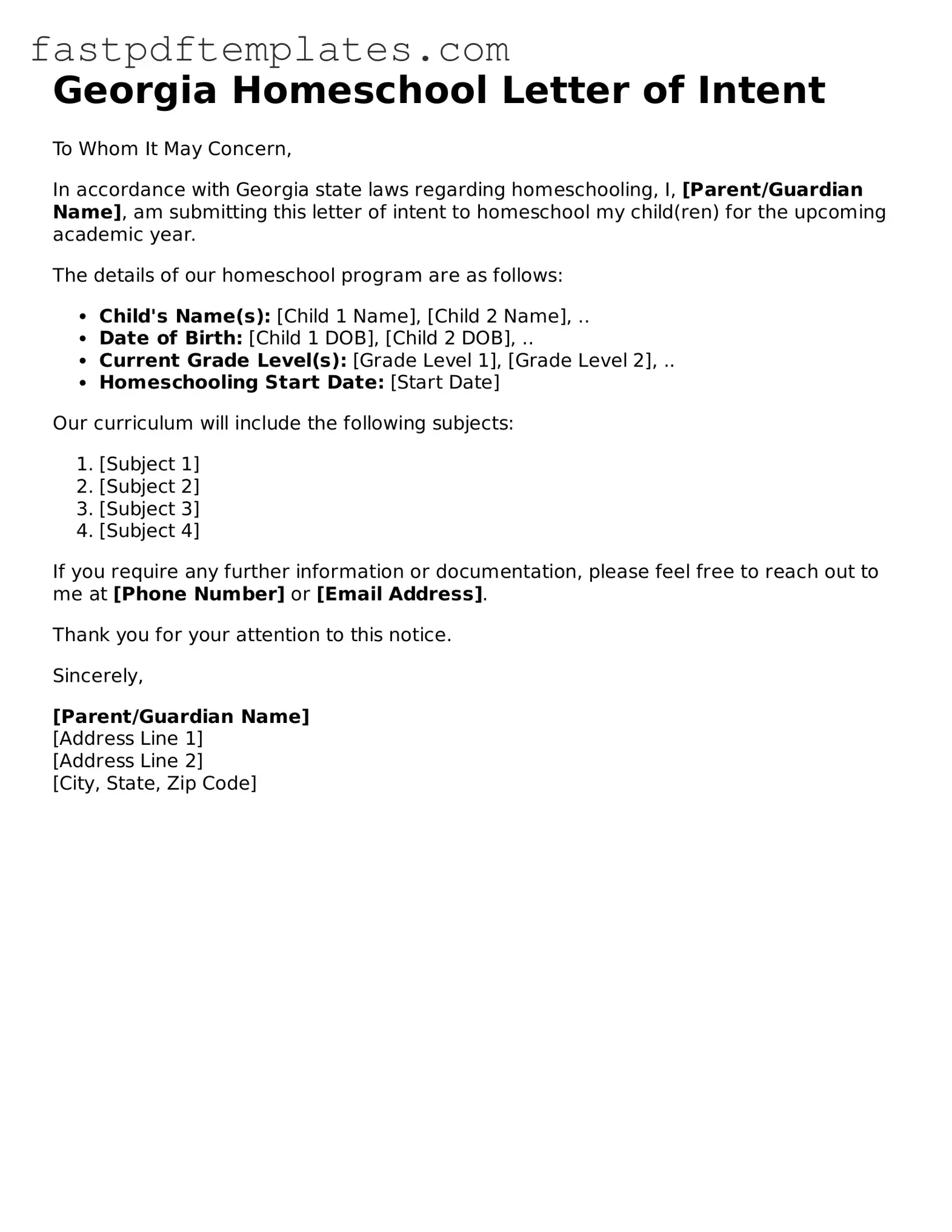 Attorney-Approved Georgia Homeschool Letter of Intent Document