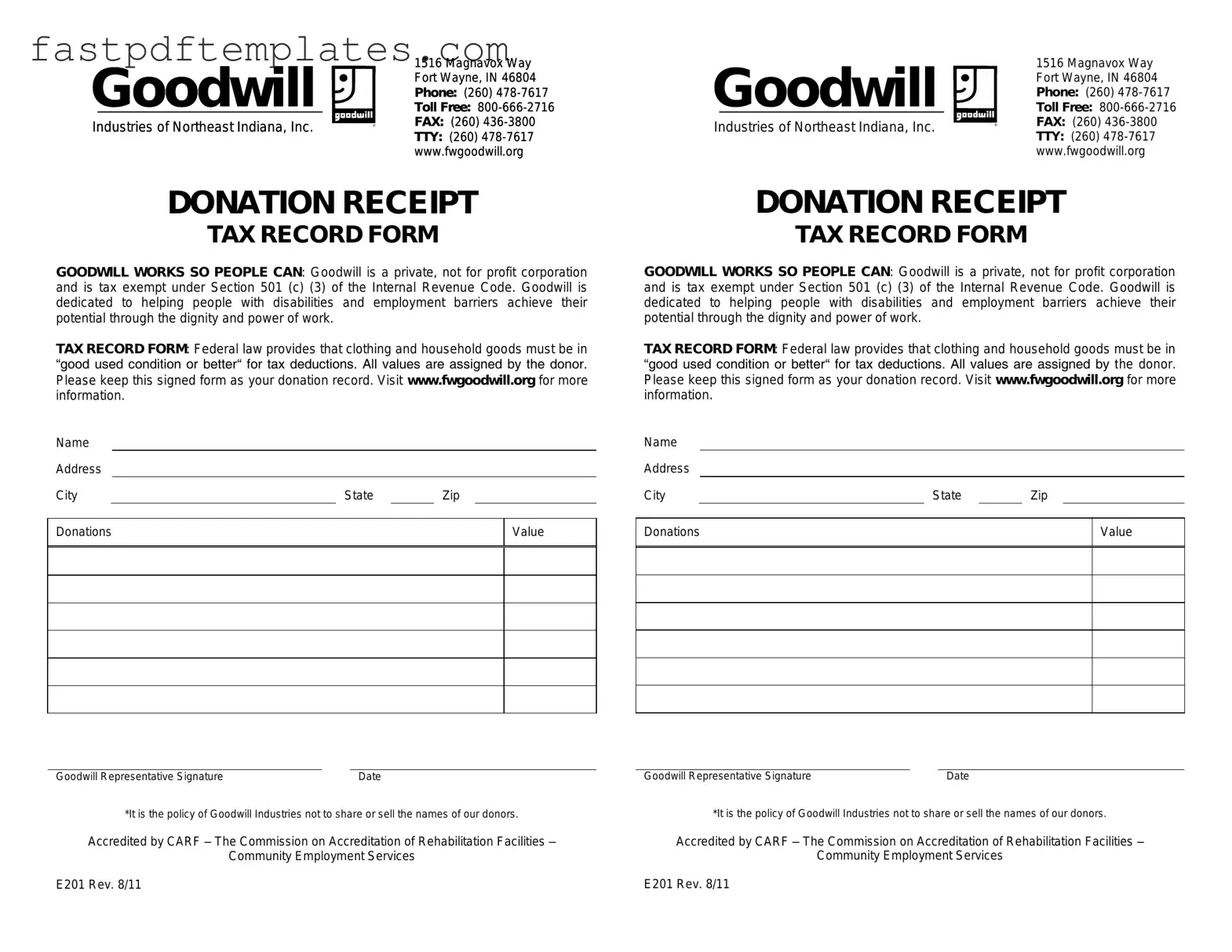 Blank Goodwill donation receipt Form