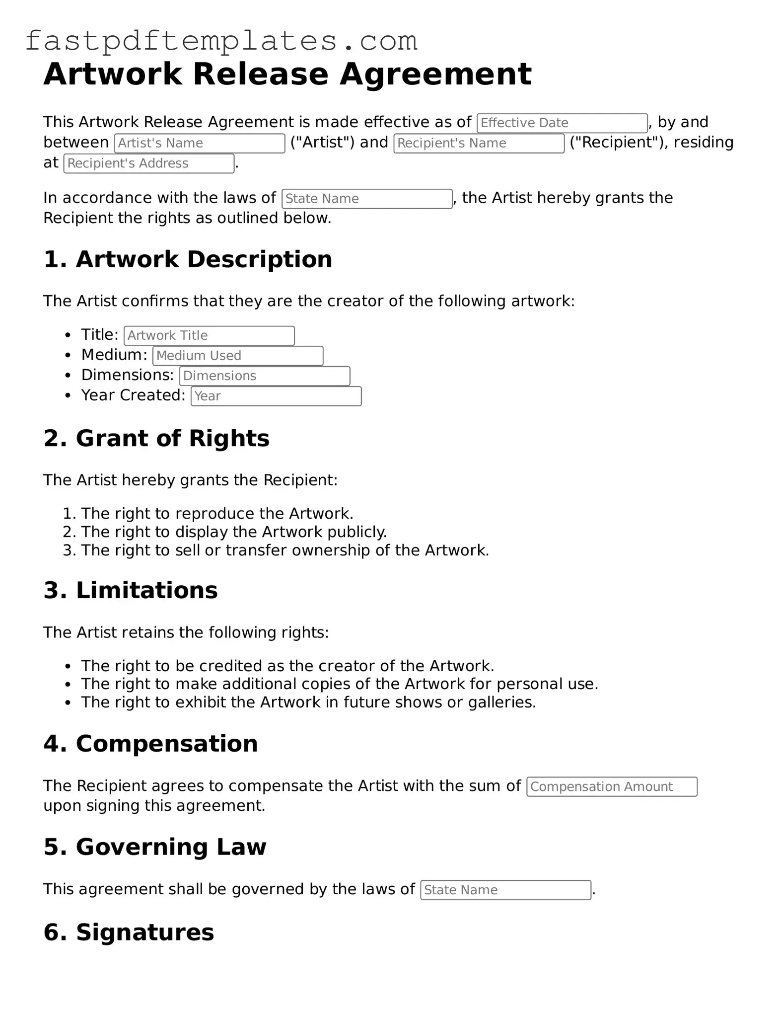 Fillable Artwork Release Document