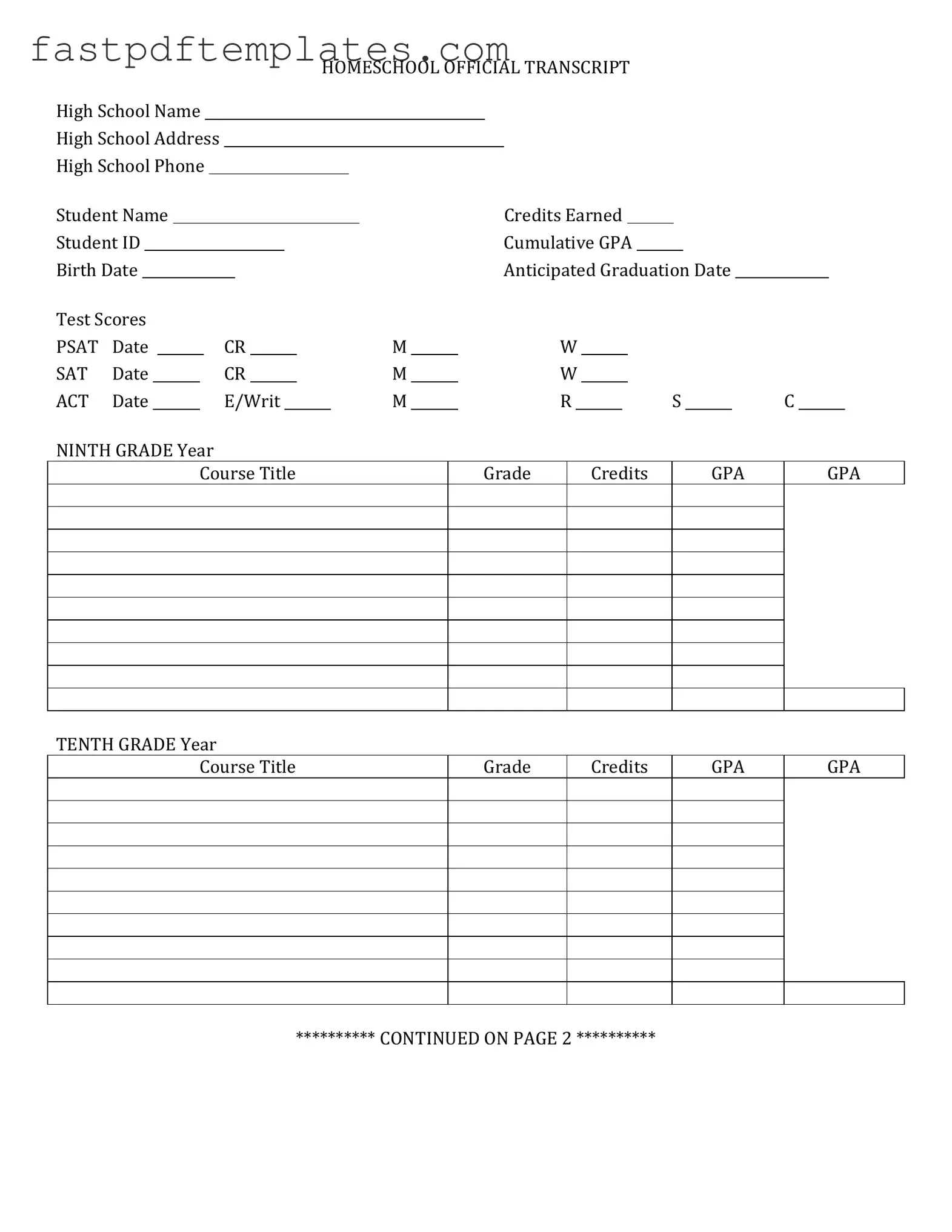 Blank High School Transcript Form