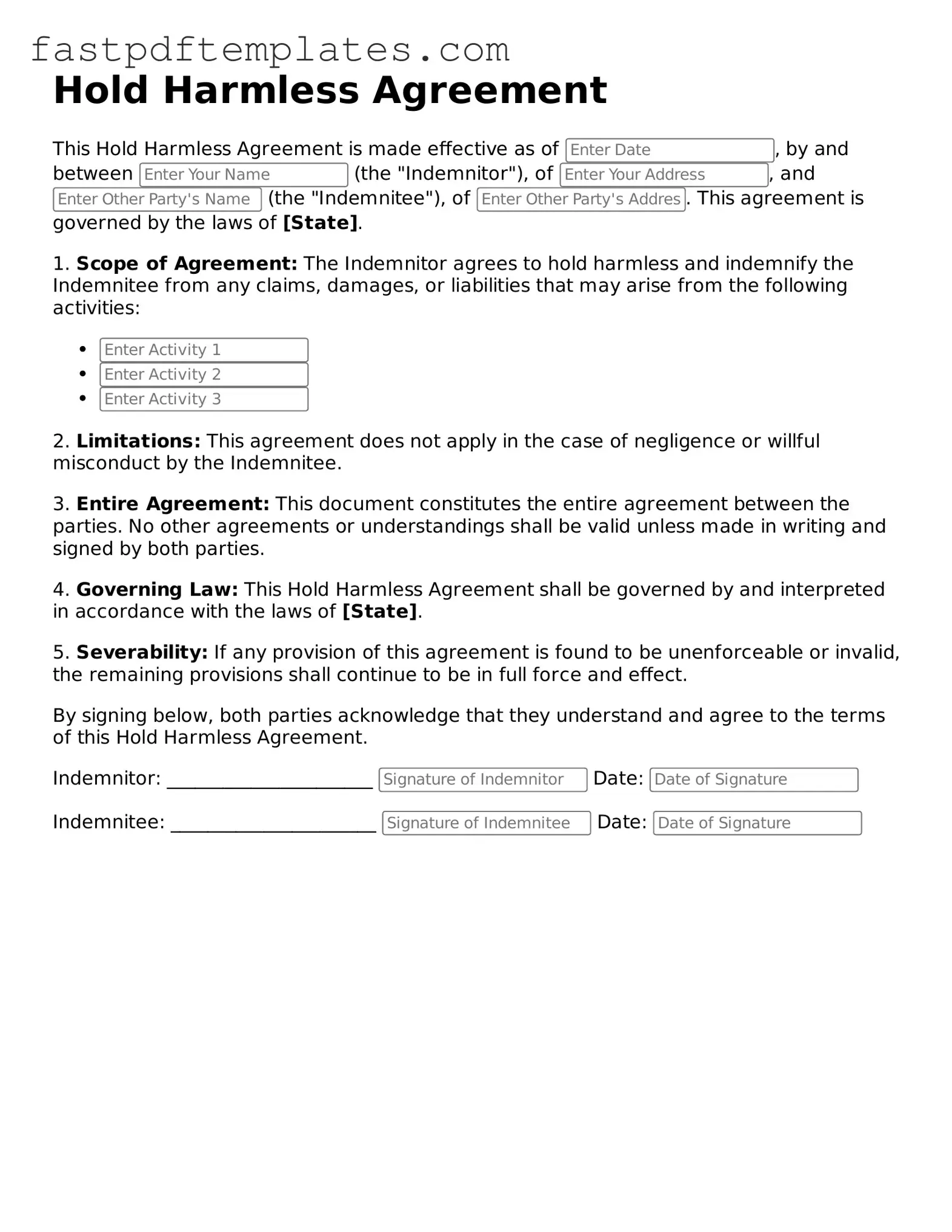 Fillable Hold Harmless Agreement Document