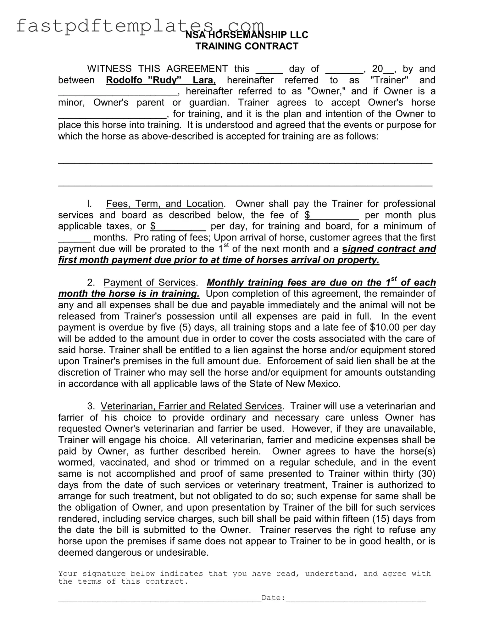 Blank Horse Training Contract Form